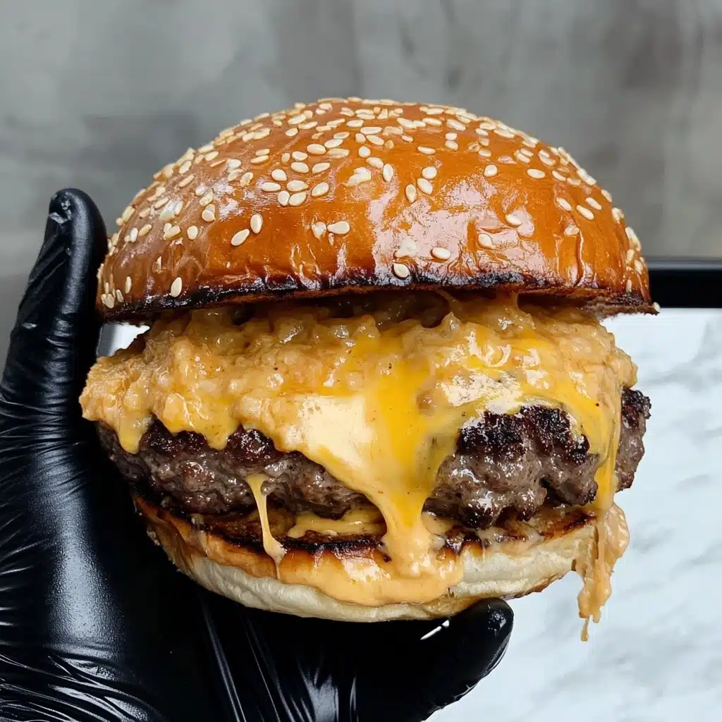 Smash Burgers with Baconnaise Sauce, juicy smash burger recipes, easy bacon burger ideas, flavorful backyard burger recipes, crispy smash burger tips A close-up image of a large burger held by a woman's hand wearing a black glove against a white marbled texture background. The burger has three main layers: the top is a shiny sesame seed bun with a golden-brown color; beneath it is a thick layer of melted yellow cheese mixed with a creamy sauce that has small bits in it, oozing over the edges; the bottom layer is a juicy, browned beef patty with a slightly rough texture. The cheese looks soft and gooey, melting down the sides of the patty, creating a rich, messy look. The burger looks hearty and filling.
