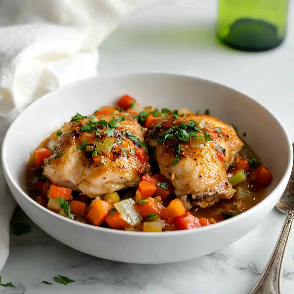 Instant Pot Chicken Osso Buco, easy Italian chicken dinner, quick pressure cooker chicken recipe, flavorful chicken stew, hearty weeknight meal A white bowl filled with two golden brown cooked chicken pieces resting side by side, topped with a colorful mix of chopped red bell peppers, orange carrots, celery, and fresh green herbs, all coated in a light sauce. The bowl is placed on a white marbled surface with a white cloth nearby and a green bottle with a white label blurred in the background. A spoon is partially visible on the right side of the bowl.