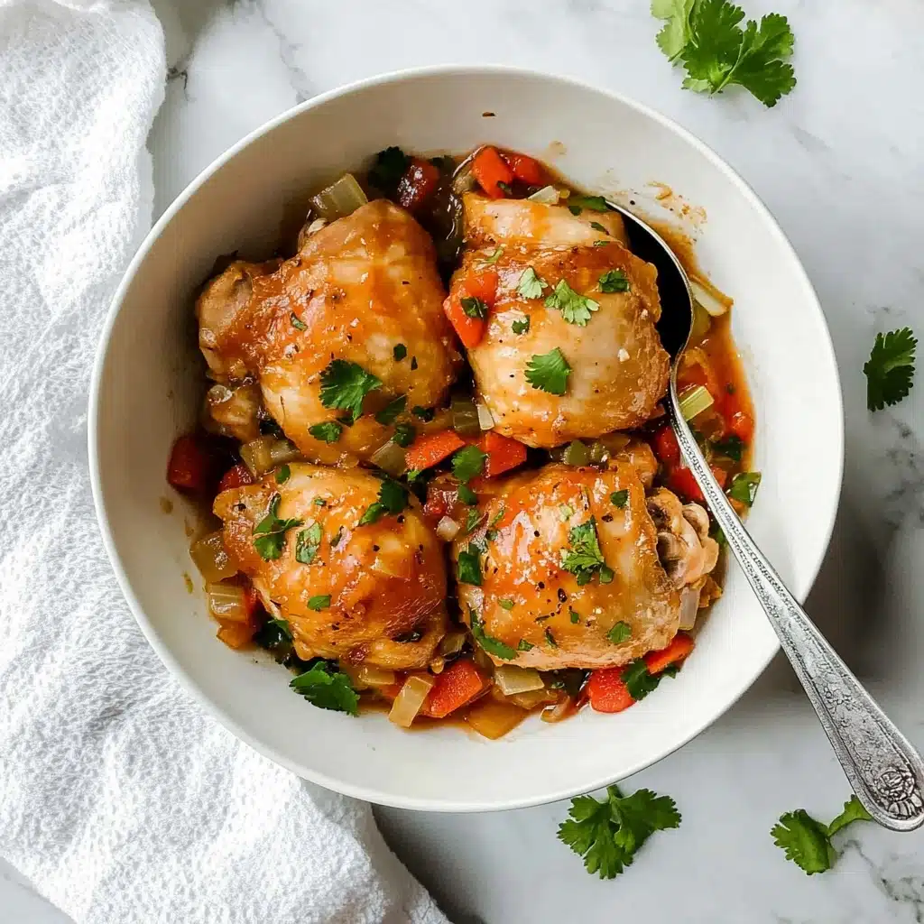 Instant Pot Chicken Osso Buco, easy Italian chicken dinner, quick pressure cooker chicken recipe, flavorful chicken stew, hearty weeknight meal A white bowl holds four cooked chicken thighs with a light brown, slightly crispy skin. On top and around the chicken are small diced pieces of red and yellow vegetables, likely bell peppers and onions, mixed with a light sauce. Fresh green cilantro leaves are sprinkled over the dish, adding a bright touch of color. A silver spoon rests inside the bowl on the right side. The bowl is placed on a white marbled surface, with a white textured cloth nearby and a few scattered cilantro leaves around.