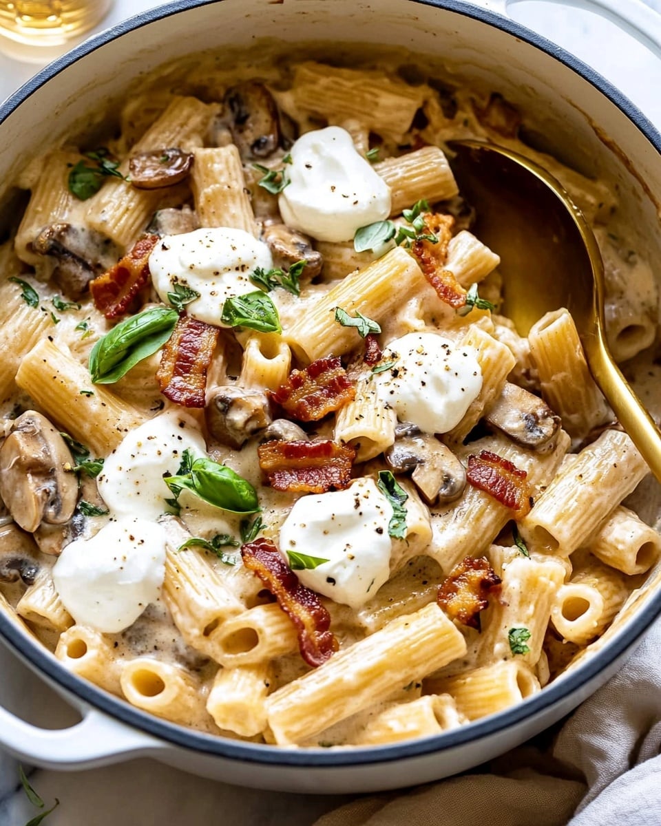 One Pot French Onion Pasta with Crispy Prosciutto, French Onion Pasta with Prosciutto, Easy One Pot French Onion Pasta, Comforting French Onion Pasta, Crispy Prosciutto Pasta A white pot filled with three layers of food starts with a creamy light brown sauce base that holds short tube pasta mixed with sliced mushrooms and onions. On top, there are dollops of soft white cheese and pieces of crispy brownish-red bacon scattered across the pasta. Small green herb leaves are sprinkled over everything, adding a touch of color. A gold spoon rests inside the pot. The pot sits on a beige cloth on a white marbled surface, with a glass of light brown liquid and silver fork visible nearby.
