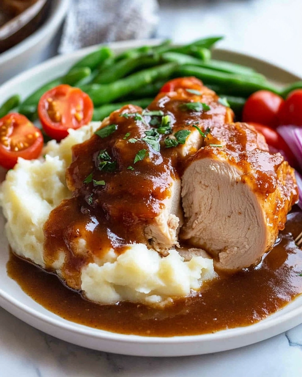Oven Baked BBQ Chicken, Homemade Barbecue Sauce, quick BBQ chicken recipe, easy baked chicken dinner, flavorful oven baked chicken A round white plate holds a meal with three main layers: on the bottom left, a creamy, smooth white mashed potato layer with a slight butter sheen; on top of that and slightly to the right, a thick piece of meat covered in rich, dark brown gravy with bits of chopped green herbs sprinkled on top; to the far right, a slice of the same meat is pulled away with a silver fork showing a juicy, tender inside. Behind the mashed potatoes and meat, there is a colorful layer of fresh green beans topped with halved bright red cherry tomatoes and small chunks of purple onion. The plate sits on a white marbled surface.