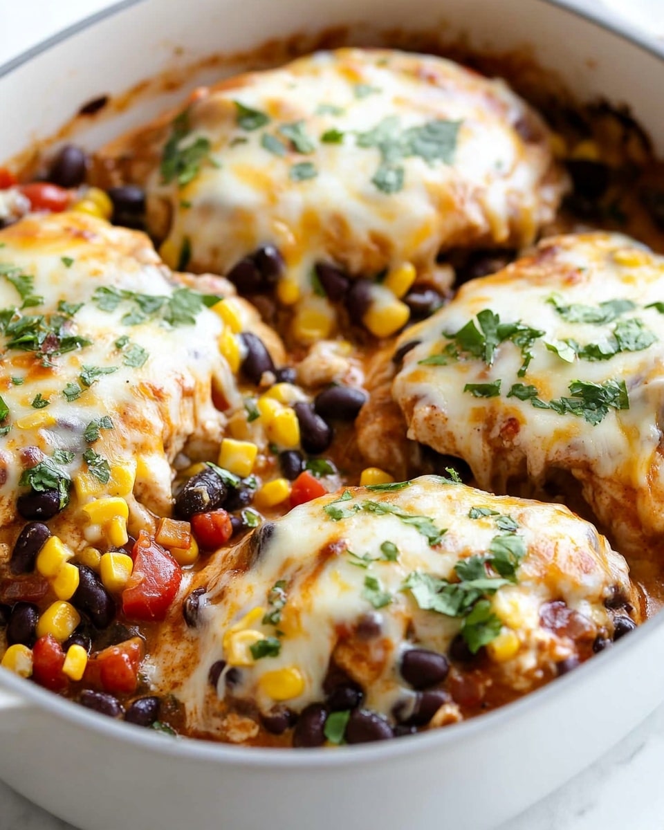 Santa Fe Chicken Skillet, Black Bean Corn Chicken Skillet, Easy Mexican Chicken Dinner, One-Pan Chicken Recipes, Moist Chicken with Black Beans and Corn A white pan filled with a colorful baked dish that has five pieces of browned meat topped with melted yellow and white cheese sprinkled with black beans, corn, and small green herbs. The meat sits on a thick base made of cooked corn, black beans, diced tomatoes, and sauce, all mixed together with green herbs scattered throughout. A dark spoon with a light wooden handle is partially inside the pan on the right side, lifting some of the dish. The pan is placed on a white marbled surface.