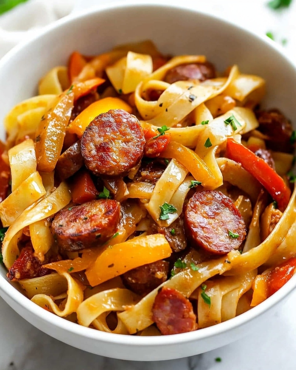 Sausage and Peppers Skillet, sausage and peppers dish, easy sausage skillet recipe, quick sausage and peppers dinner, flavorful skillet meal The dish is served in a white bowl on a white marbled surface. Inside the bowl, there are three main layers: at the bottom are wide, flat yellow pasta ribbons with a smooth texture, partly curled and layered. On top of the pasta, there are slices of reddish-brown sausage arranged throughout, with a shiny, cooked surface. Mixed among the sausage and pasta are cooked, soft onion slices that are translucent with a light golden color, and slices of orange and red bell peppers adding bright color contrast. Scattered green herb bits are sprinkled over the dish, adding a touch of freshness.