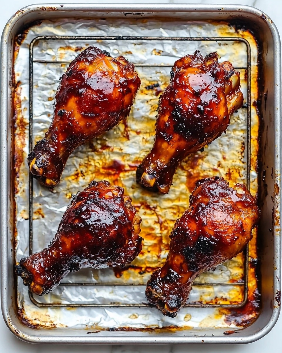 Baked BBQ Chicken Drumsticks, easy BBQ chicken recipe, baked chicken drumsticks, smoky baked chicken, juicy BBQ chicken thighs The image shows three cooked drumsticks on a metal rack over a tray lined with foil, all on a white marbled surface. Each drumstick is coated in a dark reddish-brown glaze with a shiny, sticky texture that suggests a flavorful sauce. The drumsticks have small charred spots where the glaze has caramelized, giving them a slightly crispy look. The tray underneath has some drips and smears of the same sauce, creating a messy but appetizing scene.