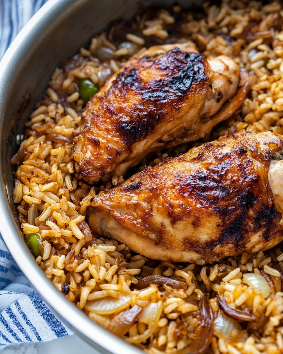 One-Pot French Onion Chicken and Rice, French Onion Chicken skillet, Easy One-Pot Chicken and Rice, Comforting Chicken and Rice dinner, Quick one-pan chicken recipe A close-up view of a metal pan filled with two main layers: a base layer of brown rice mixed with small bits of cooked onion, and on top, two golden-brown cooked chicken pieces with a slightly crispy texture and small charred spots. The rice looks soft and well-cooked, evenly spread around the chicken, giving a warm and hearty feel. The pan is set on a white marbled surface with a blue and white striped cloth in the background.