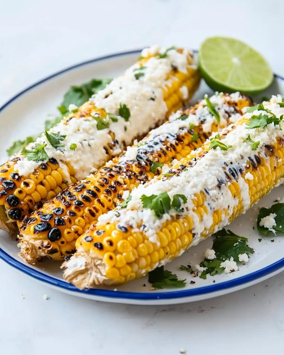 Grilled Mexican Street Corn, Elotes, Mexican grilled corn, street corn recipe, grilled corn with cotija cheese Three grilled corn ears lie side by side on a white plate with a blue rim, each covered with a layer of white creamy sauce. The corn kernels are golden yellow with some charred, dark brown spots. On top of the sauce, white crumbly cheese and small green herb leaves are scattered evenly. A lime wedge sits near the back edge of the plate. The plate is set on a white marbled surface.