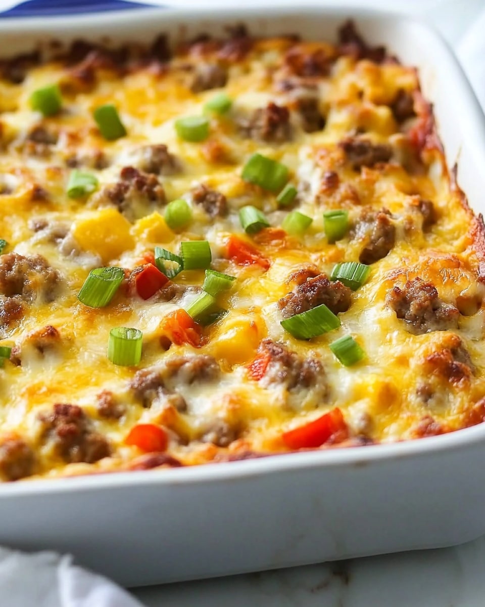 Tater Tot Breakfast Casserole with Sausage, savory breakfast casserole, easy morning breakfast ideas, family brunch recipes, hearty breakfast casserole A close-up of a baking dish filled with a cheesy casserole showing multiple layers including browned sausage pieces, melted yellow and white cheese, and small chunks of green and red bell peppers scattered on top. The casserole has a golden crust with bright green chopped scallions sprinkled over the surface. The dish is white with a blue rim and is placed on a white marbled surface with a white cloth nearby. The image focuses on one corner of the casserole, showing the mix of textures from the melted cheese, cooked meat, and fresh vegetables.