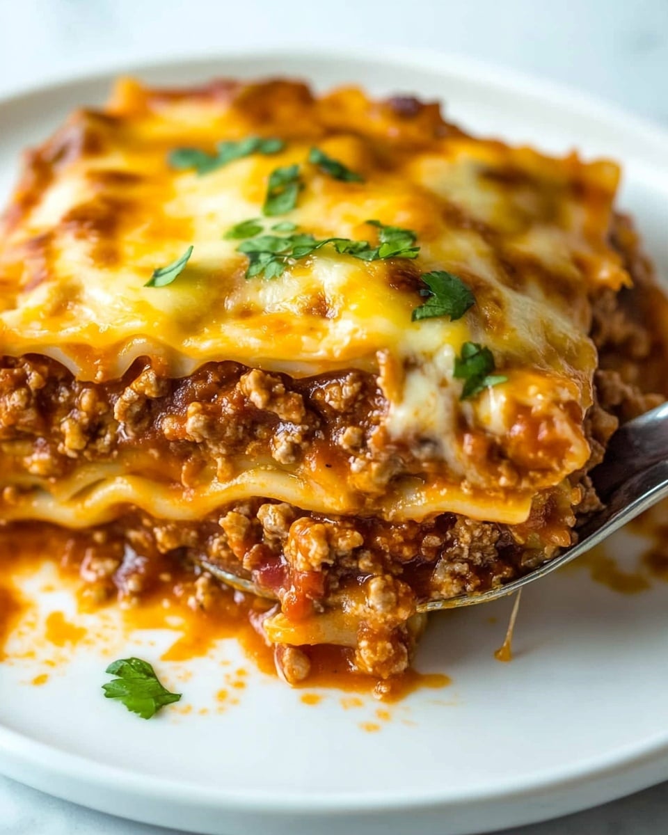 Beef Enchilada Casserole, easy beef enchilada bake, cheesy beef casserole, Mexican-inspired dinner, quick weeknight enchiladas A close-up of a layered lasagna piece on a white plate with a white marbled background. The dish shows at least three layers: a bottom layer of soft pasta, a middle thick layer of rich ground meat mixed with reddish-orange sauce, and a top layer of melted yellow cheese sprinkled with small green cilantro bits. The lasagna looks juicy and slightly oily, with sauce spreading on the plate around it. A spoon is lifting a portion of the lasagna from the plate, showing the mixed textures of cheese, pasta, and meat.