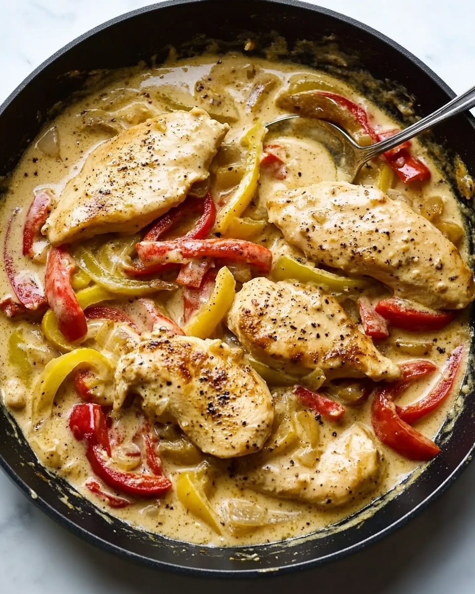 Creamy Pepperoncini Chicken, easy creamy chicken dinner, quick weeknight chicken recipes, flavorful chicken with pepperoncini, comforting chicken meal The image shows a black skillet filled with a creamy sauce layered with golden-brown cooked chicken slices on top. The chicken pieces are lightly seared, each with pepper specks and placed in a scattered arrangement in the sauce. Mixed through and on top of the chicken are slices of bright red bell peppers and small rings of yellow-green banana peppers, adding color contrast. The creamy sauce is pale tan with some darker spots from cooking, creating a rich and smooth texture around the chicken and peppers. The skillet sits on a white marbled surface, and a silver spoon rests in the sauce holding one piece of chicken surrounded by peppers.