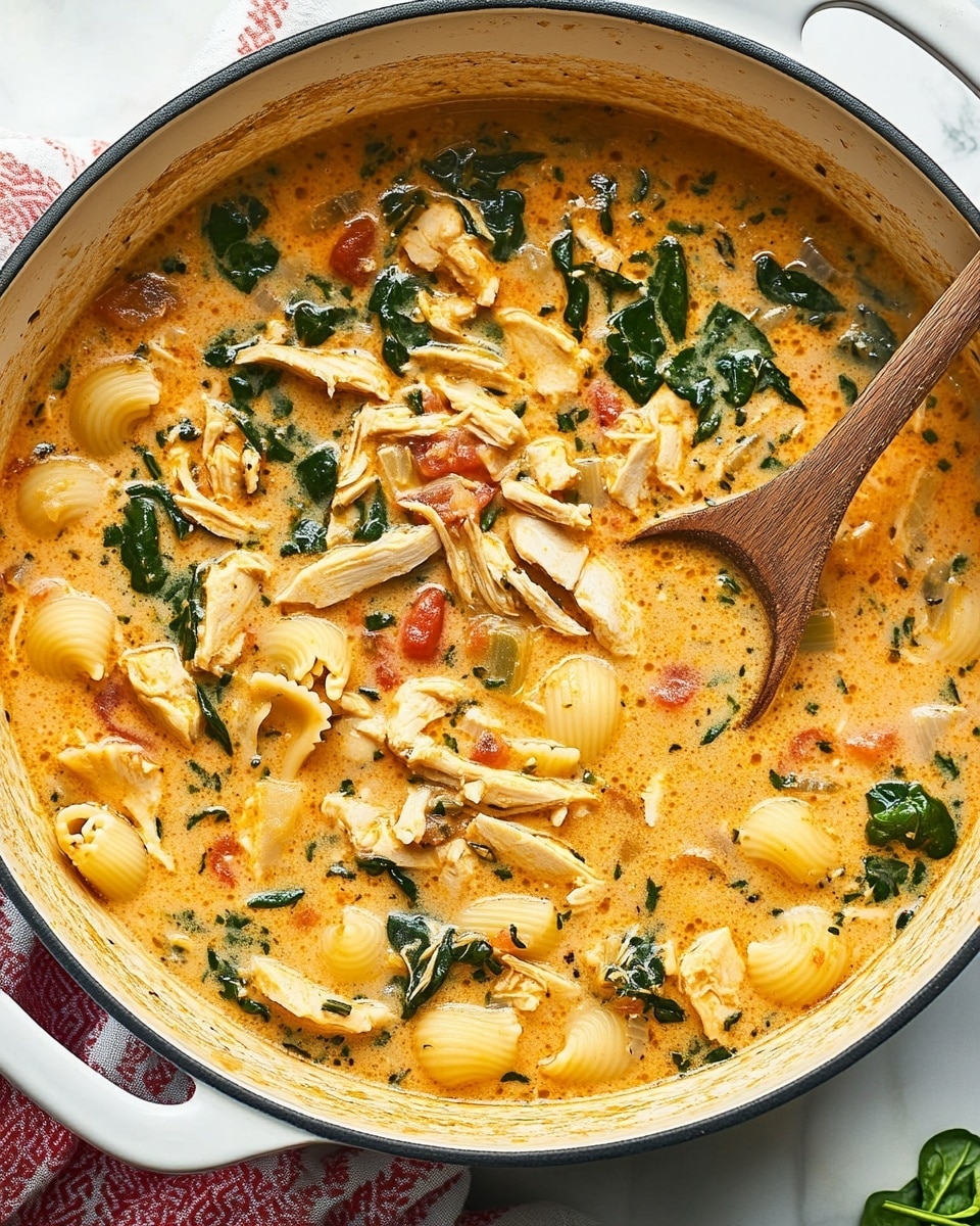 Creamy Marry Me Chicken Soup, creamy chicken soup, quick chicken dinner, easy comfort food, 30-minute chicken soup A pot filled with a creamy soup that has a light orange color, mixed with shredded chicken pieces, small shell pasta, dark green spinach leaves, and bits of red tomatoes, all floating in the broth. The soup looks thick and rich with herbs and spices visible throughout. A large soup spoon with a wooden handle rests inside the pot, which has a white inside and a creamy outer edge. The pot is placed on a white marbled surface with a white and red cloth partially under it.