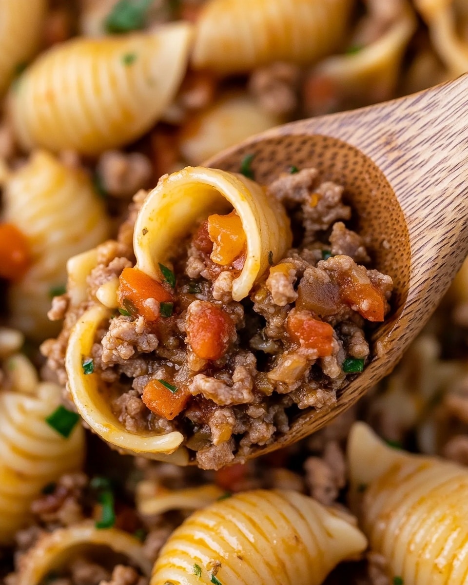 Cheesy Taco Pasta, Taco Pasta, Easy Taco Pasta Dinner, Cheesy Pasta Recipes, Quick Taco Pasta A wooden spoon holds a close-up scoop of pasta shells mixed with ground meat and small bits of red and orange vegetables. The pasta shells are pale yellow, slightly glossy, and filled with the crumbled, brown ground meat that looks moist with some herbs sprinkled throughout. The background is a soft blur of the same pasta and meat dish, all resting on a white marbled surface.