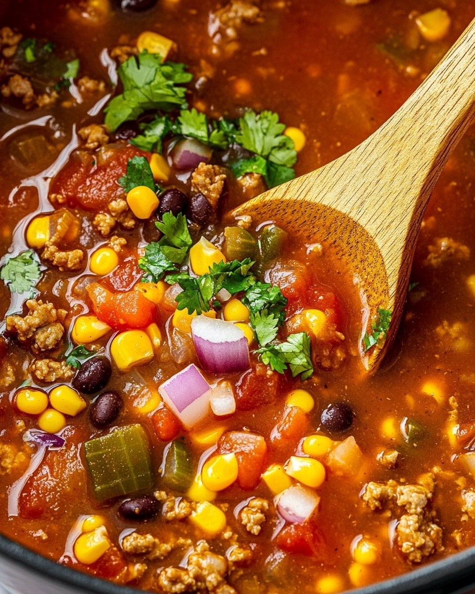 Easy Slow Cooker Taco Soup, Taco Soup recipe, hearty taco soup, quick dinner ideas, flavorful soup with beef and beans The image shows a close-up view of a rich, red tomato-based soup filled with several layers of ingredients. The soup has a thick, slightly oily liquid base which holds pieces of yellow corn kernels, black beans, small chunks of red tomatoes, red onion cubes, and green cilantro leaves scattered throughout. Small bits of ground meat or similar textured protein are mixed in, while a wooden spoon is partially dipped into the soup on the right side, coated with the red broth. The overall look is colorful and hearty, with vibrant yellows, reds, greens, and purples contrasting against the deep red soup, set on a white marbled surface.