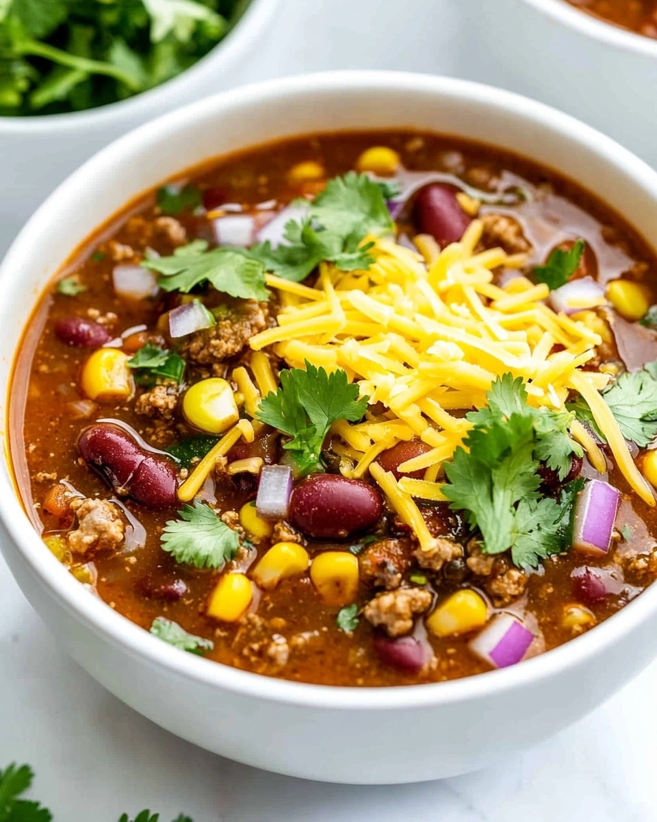 Easy Slow Cooker Taco Soup, Taco Soup recipe, hearty taco soup, quick dinner ideas, flavorful soup with beef and beans A white bowl filled with thick chili soup sits on a white marbled surface. The chili has visible layers of small meat pieces, kidney beans, yellow corn, and diced tomatoes in a rich brown-red broth. The top layer is sprinkled with shredded yellow cheese, chopped fresh green cilantro leaves, and small chunks of light purple and white onions. Next to the bowl is another white bowl with fresh cilantro leaves. The overall scene is bright and colorful, showing a fresh, warm, and hearty meal.