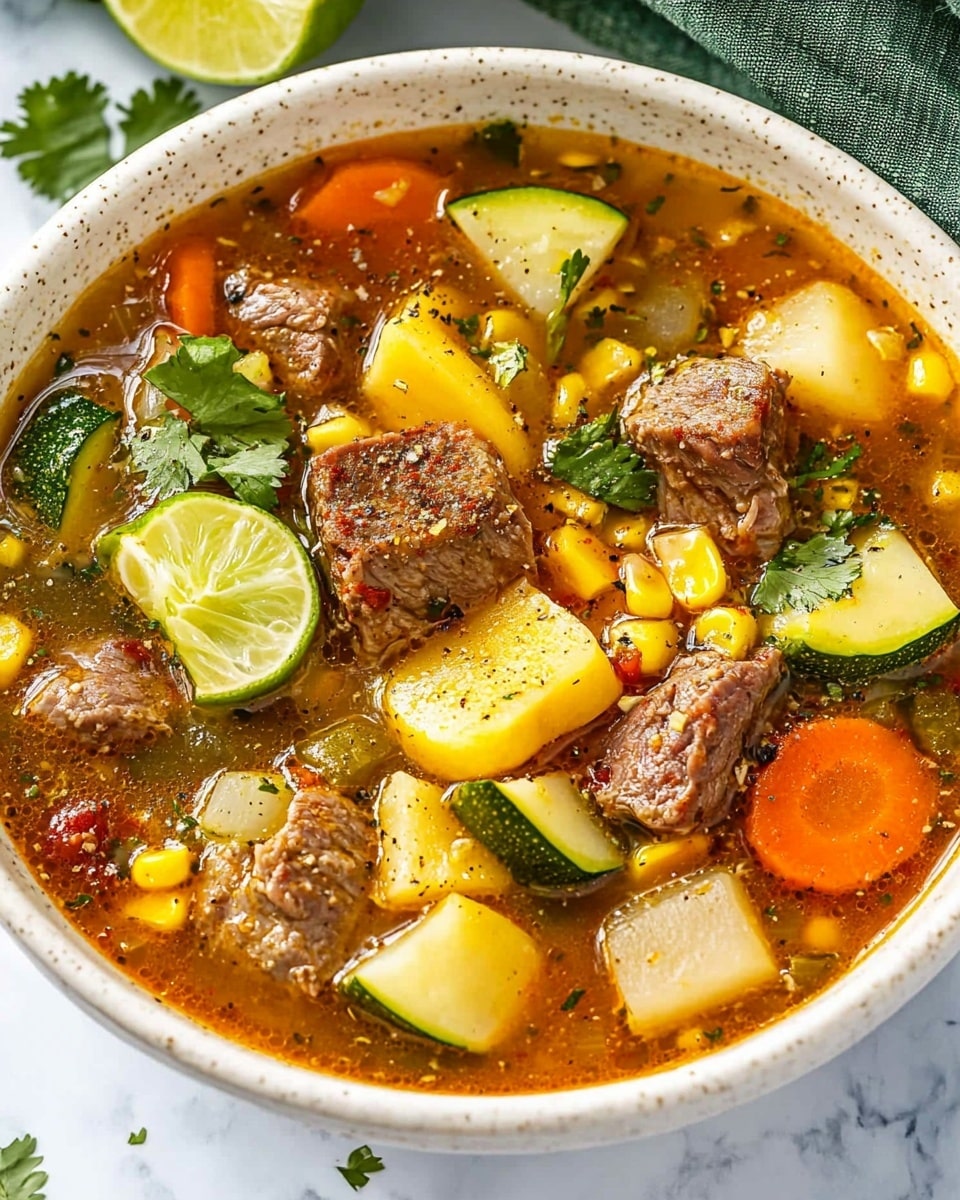 Caldo de Res Mexican Beef Soup, Mexican beef soup recipe, traditional Mexican Caldo de Res, hearty beef and vegetable soup, homemade Mexican soup The image shows a bowl of soup filled with chunks of meat, round slices of bright orange carrots, yellow corn pieces cut into sections, green zucchini slices, cubed red and white potatoes, and small lime wedges scattered on top. The broth is clear with a warm orange tint and some red pepper flakes sprinkled on the surface. There are also a few green cilantro leaves spread over the soup for garnish. The soup is served in a white bowl, placed on a white marbled surface, with a green cloth napkin folded behind it.