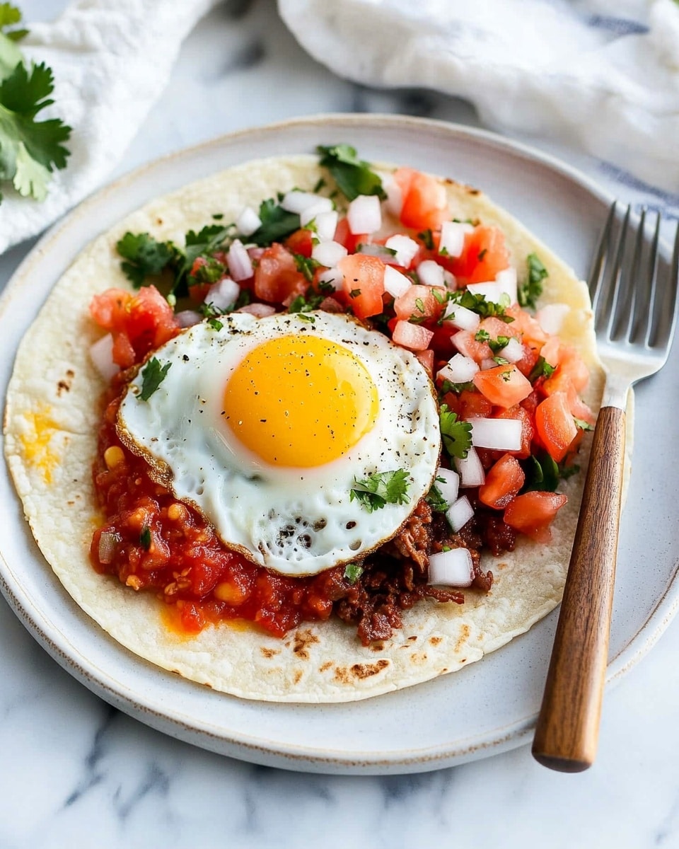 Fresh Huevos Rancheros, Huevos Rancheros ingredients, Mexican breakfast dishes, easy huevos rancheros, hearty breakfast ideas The image shows a white plate holding a single taco with four main layers. The bottom layer is a pale, soft tortilla, topped with a dark brown refried beans spread on one side. Next is a sunny-side-up egg with a bright yellow yolk and white edges, placed partly on the beans. On top of the egg, there is a chunky red salsa with visible tomato pieces, chopped white onions, and green cilantro. The colors contrast nicely on the white plate, which sits on a white marbled surface. A silver fork rests on the left side of the plate, and a wooden-handled knife lies on the right. In the background, part of another similar plate and a bowl with more salsa are visible.