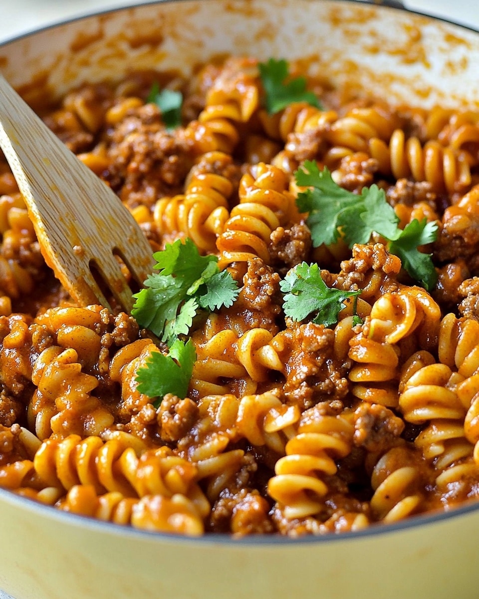 One-Pot Cheesy Taco Pasta, easy taco pasta dinner, quick taco pasta recipe, cheesy taco pasta skillet, family-friendly taco pasta A large white pot filled with a dish of spiral pasta mixed with small round pasta pieces and ground meat in a rich, reddish-brown sauce that coats every piece. Bright green parsley leaves are scattered on top for a fresh contrast. A wooden pasta spoon is partially submerged in the food, showing some pasta held within its prongs. The pot rests on a white cloth over a white marbled surface, visible in the background. The overall texture looks hearty and thick, with the pasta and meat well blended throughout.