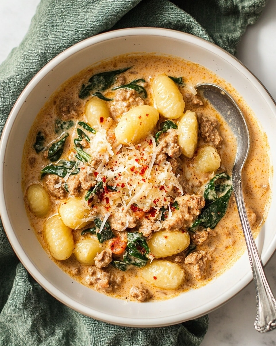 A shiny silver pan filled with a creamy orange sauce that has gnocchi floating on the surface, soft green spinach leaves mixed throughout, and small red tomato pieces scattered in the sauce. There are bits of browned meat mixed in with the sauce, topped with thin slices of fresh basil and small white shredded cheese pieces. A silver spoon rests inside the pan on the right side, slightly submerged. On the bottom left corner, two slices of toasted bread with grill marks sit on a light green cloth, all placed on top of a white marbled surface. Photo taken with an iphone --ar 4:5 --v 6.1