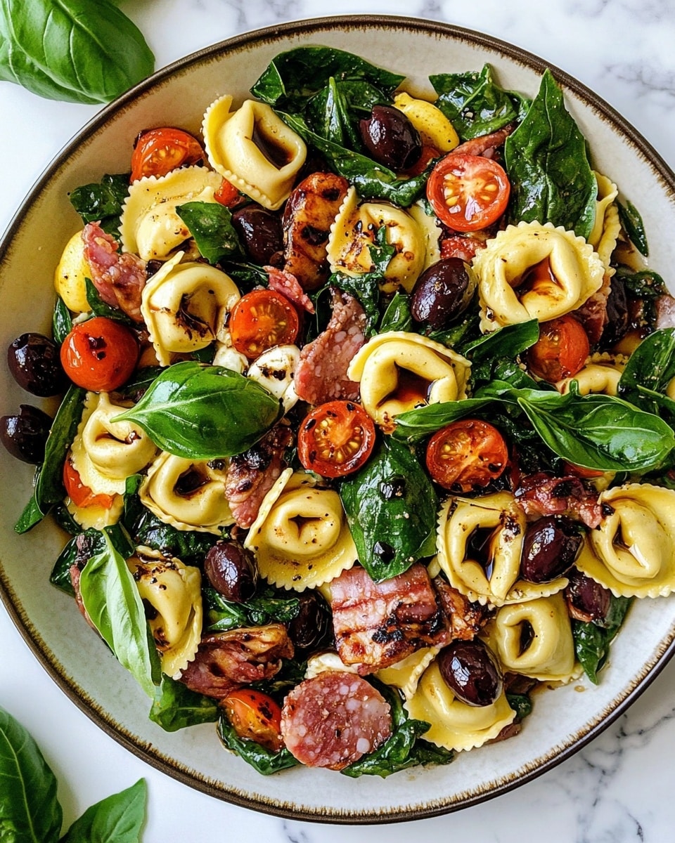 The dish is served on a white plate with a dark rim, placed on a white marbled surface. It has around five layers: the base layer consists of dark green fresh spinach leaves spread throughout. Scattered over the spinach are small tortellini pasta with a golden yellow color, some showing a light browning. Interspersed among the pasta and spinach are halved cherry tomatoes in red and orange, adding bright color. Thin strips of dark red cured meat are spread evenly across the top. Also seen are small white mozzarella balls, dark purple Kalamata olives, and sliced mushrooms with a pale tan color. There are fresh green basil leaves layered throughout, and the entire dish is drizzled with a dark balsamic glaze. photo taken with an iphone --ar 4:5 --v 6.1