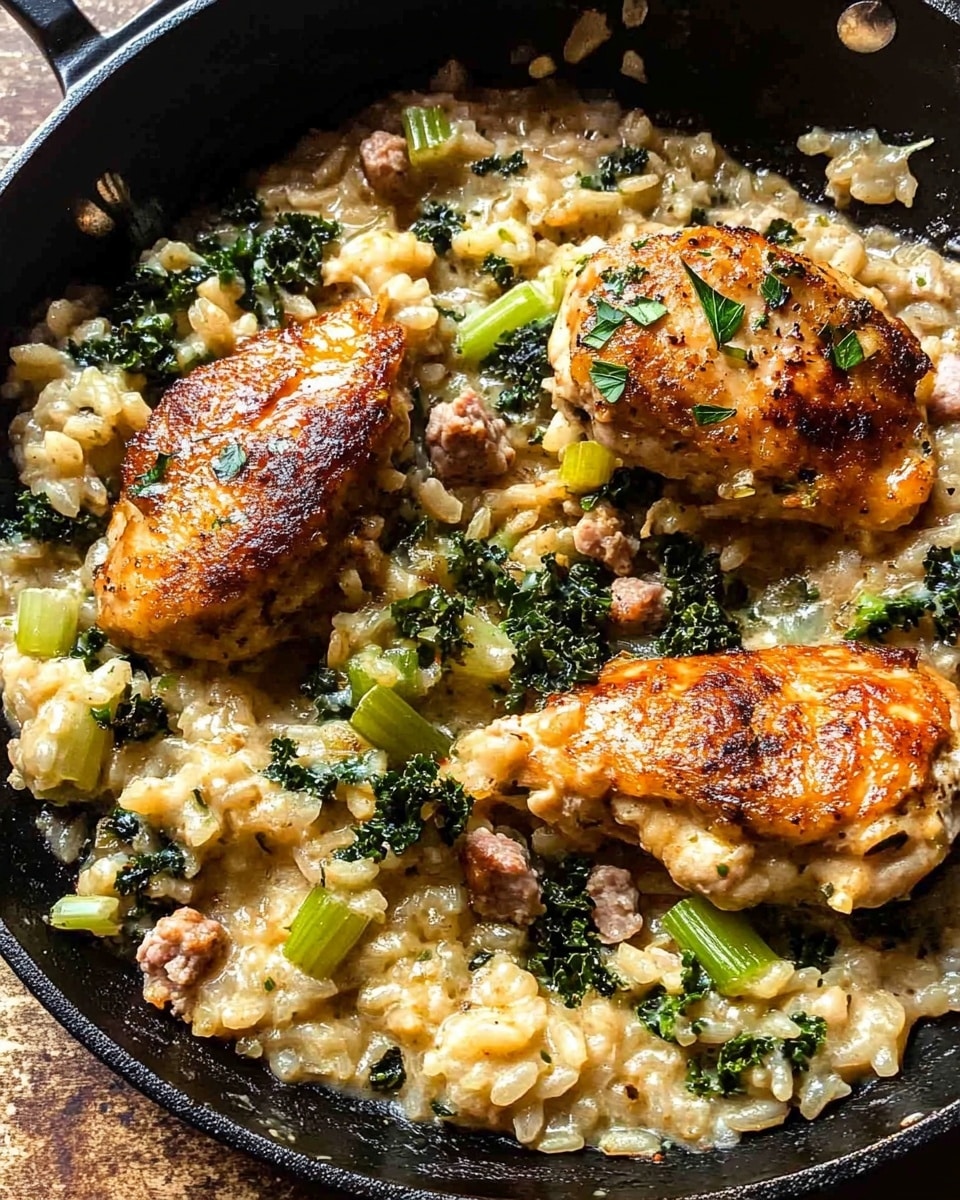 A close-up of a black skillet filled with creamy cooked rice mixed with green kale, light green celery pieces, browned sausage bits, and sliced onions, topped with two golden brown chicken pieces with charred spots. In the middle, a large metal spoon scoops up some of the rice mixture, showing the soft, moist texture with herbs and chewy grains. The skillet sits on a wooden surface with a light cloth on the right side and a bit of a red flower visible on the top right corner. Photo taken with an iphone --ar 4:5 --v 6.1