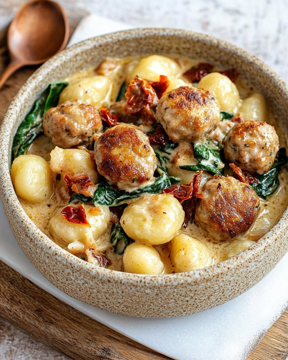 A textured beige bowl filled with three layers of food: the bottom layer is creamy gnocchi with a smooth pale yellow color, mixed with wilted dark green spinach; the middle layer has scattered sun-dried tomatoes in bright red-orange tones; the top layer shows round browned meatballs with a lightly charred surface, all coated in a rich creamy sauce, sitting on a white marbled surface with a rustic wooden board underneath. Photo taken with an iphone --ar 4:5 --v 6.1