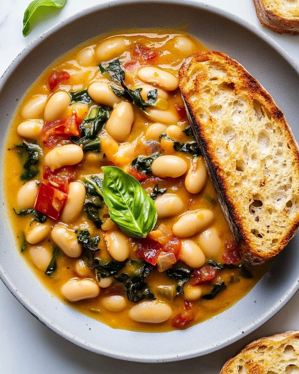 A bowl with creamy, light orange sauce as the base layer, filled with plump white beans and green leafy kale mixed in, scattered with small red tomato pieces on top. There are fresh green basil leaves spread across the dish. On the right side, a slice of toasted golden brown bread rests on the edge of the bowl. The bowl is placed on a white marbled surface. photo taken with an iphone --ar 4:5 --v 6.1