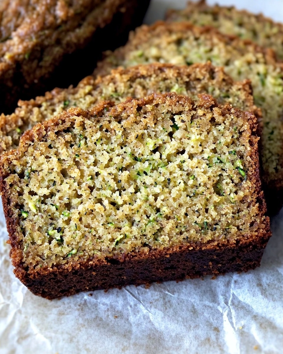 The image shows three slices of moist zucchini bread with a golden-brown crust on the edges and a soft, light green-speckled inside. The texture looks slightly crumbly but dense, with visible tiny bits of zucchini scattered throughout the crumb. The slices are resting on wrinkled, lightly stained parchment paper, and the background is a white marbled texture. photo taken with an iphone --ar 4:5 --v 6.1