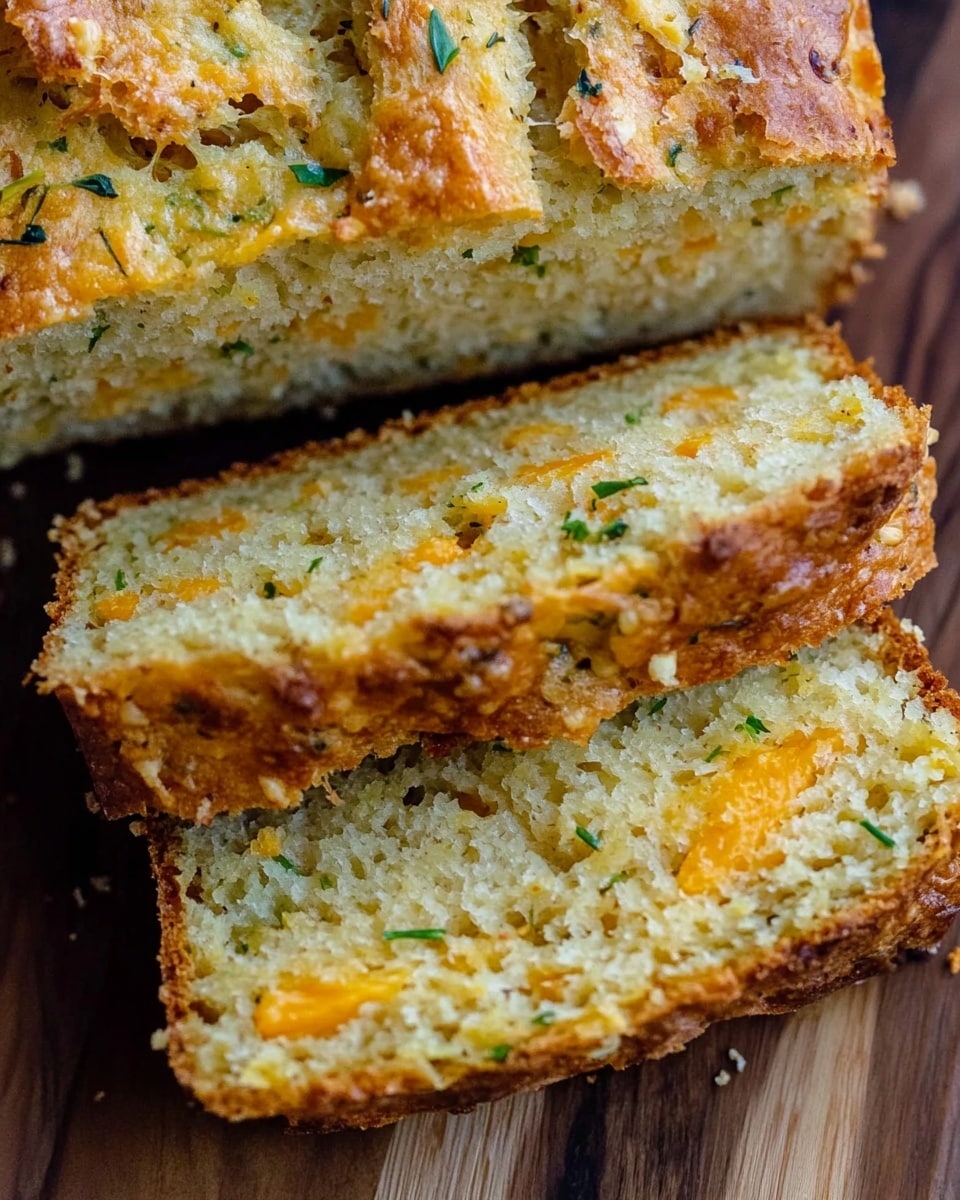 The image shows a close-up of several slices of a savory quick bread with a cracked, golden brown crust on top. The bread has a soft, crumbly texture with flecks of green herbs and orange cheese bits spread evenly throughout each slice. The slices are stacked slightly on a dark wooden surface, showing a cross-section of the moist interior with small holes. Scattered chopped chives add color on the crust and inside the bread. photo taken with an iphone --ar 4:5 --v 6.1