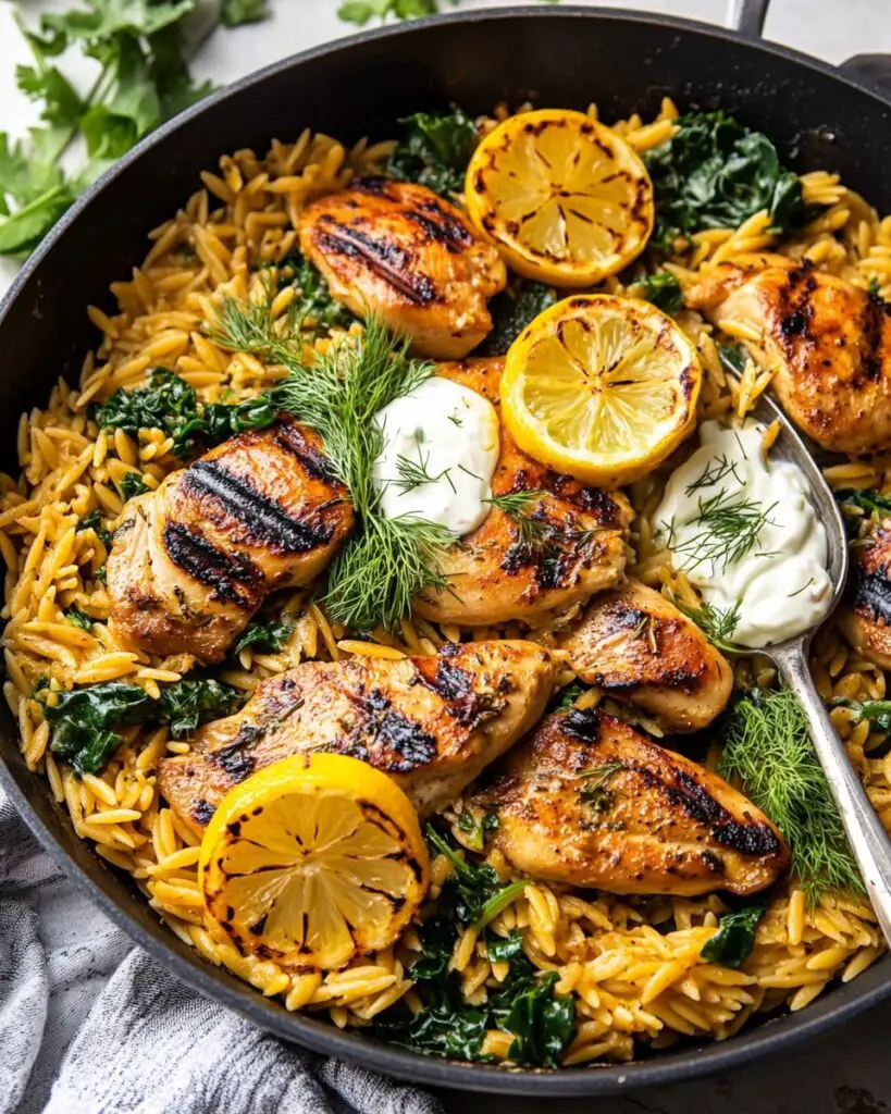 One Skillet Lemon Butter Dijon Chicken and Orzo with Feta Sauce Recipe