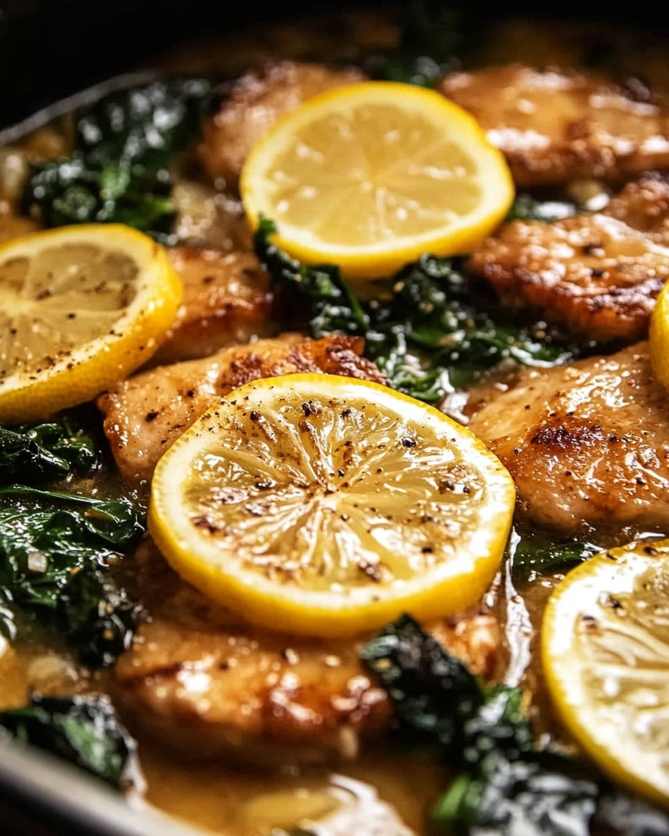 The image shows a close-up of a cooked dish in a pan, with three main layers. The bottom layer is a light brown sauce with a slightly oily texture, spreading evenly across the pan. On top of the sauce, there are golden-brown cooked pieces of meat, each topped with thin, round lemon slices that are bright yellow with a juicy, slightly translucent texture. Scattered around and between the meat and lemon slices are vibrant dark green leafy vegetables, adding contrast and freshness to the dish. The background is a white marbled texture. Photo taken with an iphone --ar 4:5 --v 6.1