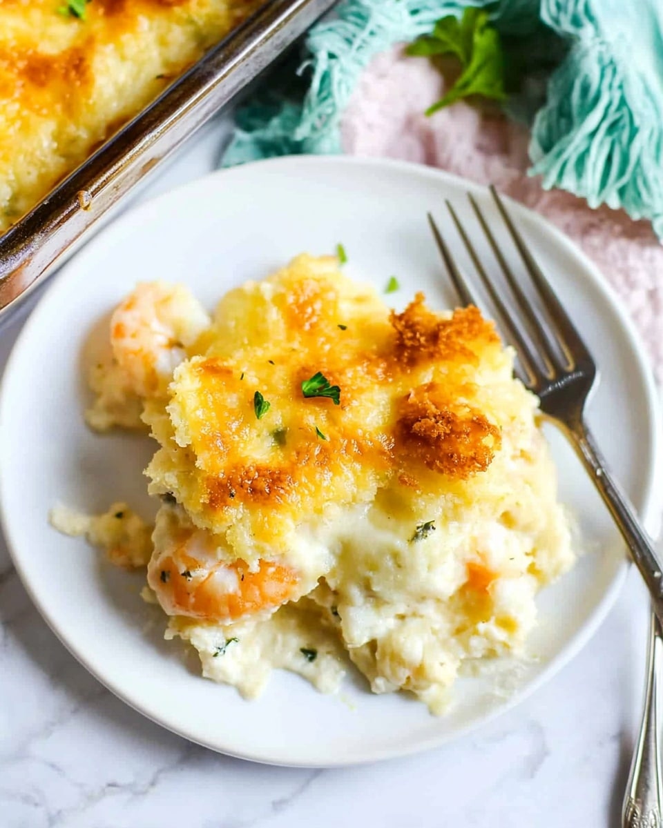 A white round plate holds one thick slice of creamy casserole made of several layers. The top layer is golden and slightly crispy, under it is a fluffy white layer of mashed potatoes mixed with small pieces of green herbs. The middle layer has chunks of soft orange and white vegetables with creamy sauce visible between. A small green parsley leaf sits on top as decoration. The plate is placed on a white marbled surface with a blurred white casserole dish and some green leaves in the background. A silver fork lies to the left side of the plate, angled slightly backward. Photo taken with an iphone --ar 4:5 --v 6.1
