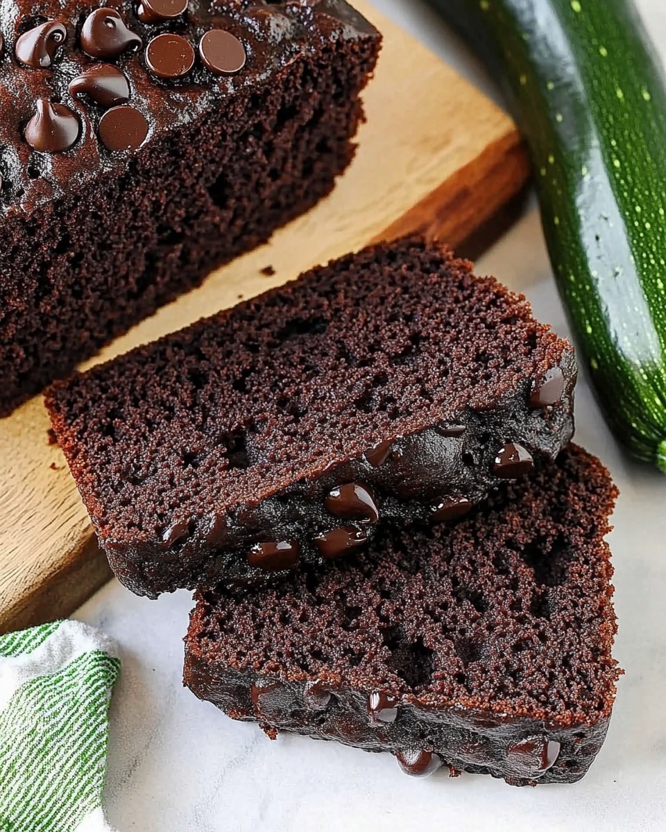 A close-up view of two thick slices of dark brown chocolate cake lying on a white marbled surface, with visible melted chocolate chips scattered throughout the moist and crumbly texture. One slice is rectangular while the other is a smaller square, showing the rich inside with a few crumbs around. Behind the slices, part of a larger loaf rests on a wooden board, topped with more glossy melted chocolate pieces. To the right, two fresh green zucchinis with textured skin are placed side by side. On the left edge, a green and white striped cloth is partially visible. The scene appears bright and natural. photo taken with an iphone --ar 4:5 --v 6.1