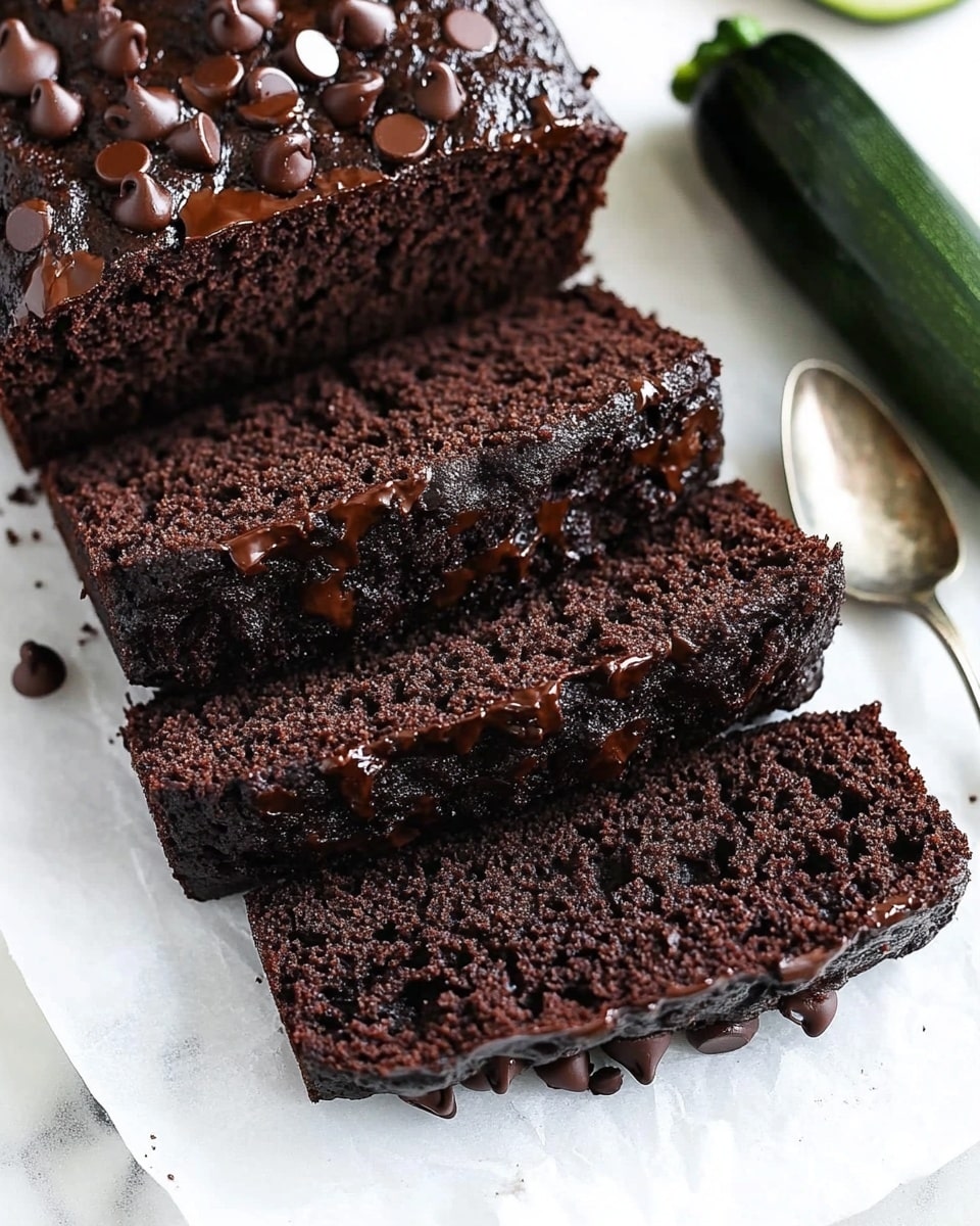 The image shows a dark chocolate baked loaf with three slices arranged on white parchment paper on a white marbled surface. The top layer of the whole loaf is a rough textured dark chocolate crust, dotted with many shiny and melty chocolate chips. The two cut slices reveal a moist, dense, and slightly crumbly dark chocolate interior with scattered small chunks of melted chocolate throughout. The sides of the slices are uneven and rich in dark color, showing the soft texture inside. A vintage silver spoon is placed to the right edge, and a piece of green zucchini is partially visible next to the loaf, adding a fresh touch. photo taken with an iphone --ar 4:5 --v 6.1