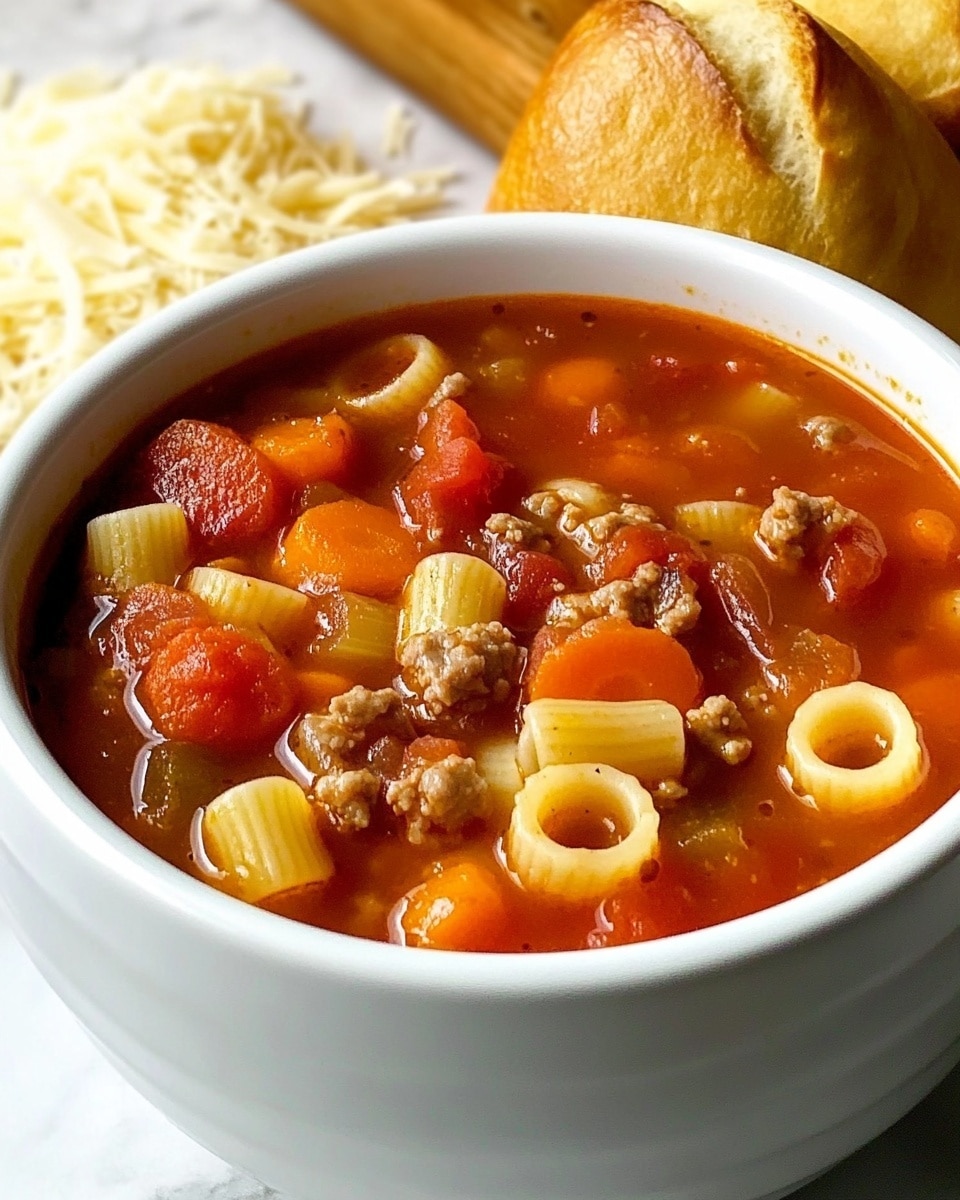 A white bowl filled with minestrone soup showing three main layers: the top layer with small pasta rings and bright orange carrot slices, the middle layer with chunks of cooked tomatoes and beans in a rich red broth, and the bottom layer with small bits of ground meat and diced onions blending into the soup. The soup looks thick and hearty, with a slight shine from the broth. Behind the bowl is a small pile of shredded white cheese and two small yellow bread rolls on a white marbled surface, suggesting a warm meal setting. Photo taken with an iphone --ar 4:5 --v 6.1