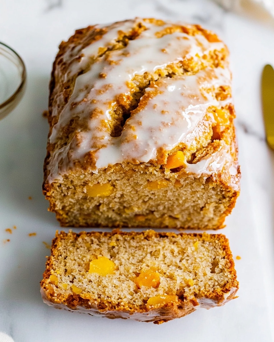 A close-up of a thick slice of brown bread with a chunky, moist texture, filled with bright yellow mango pieces spaced evenly inside. The top has a light glaze that gives a slight shine, and the edges look soft but slightly firm. The bread slice sits on a white wavy plate, placed on a white marbled surface, with an out-of-focus red and orange fruit in the background. Photo taken with an iphone --ar 4:5 --v 6.1