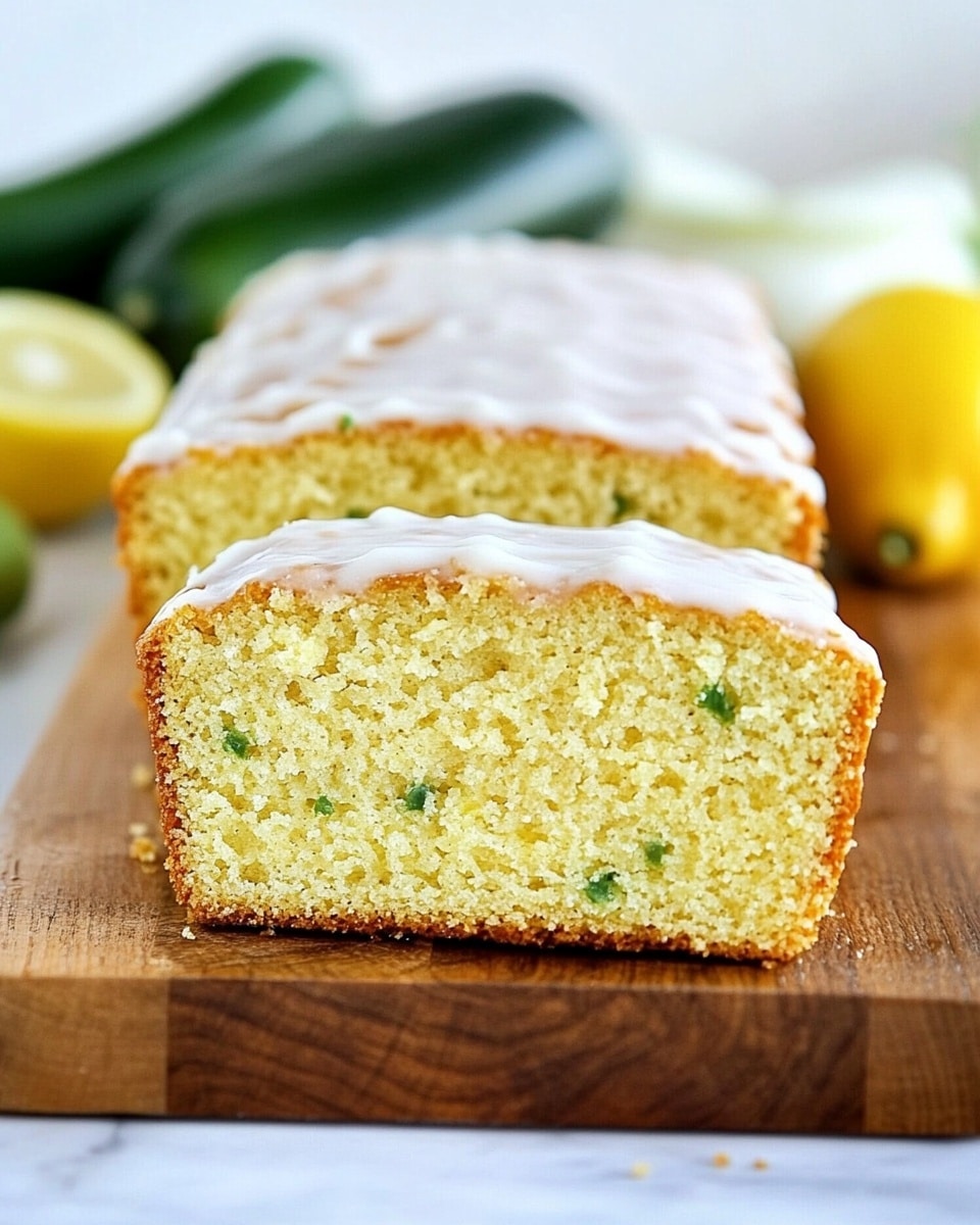 The image shows a loaf of moist yellow cake with green specks inside, sliced into pieces and placed on a wooden board. The cake has a soft texture with small holes visible in the crumb, and the top is covered with a thin white icing that has a smooth look with some lines or drizzle across. The background shows a blurred scene with green vegetables and a lemon, while the surface is a white marbled texture. Photo taken with an iphone --ar 4:5 --v 6.1