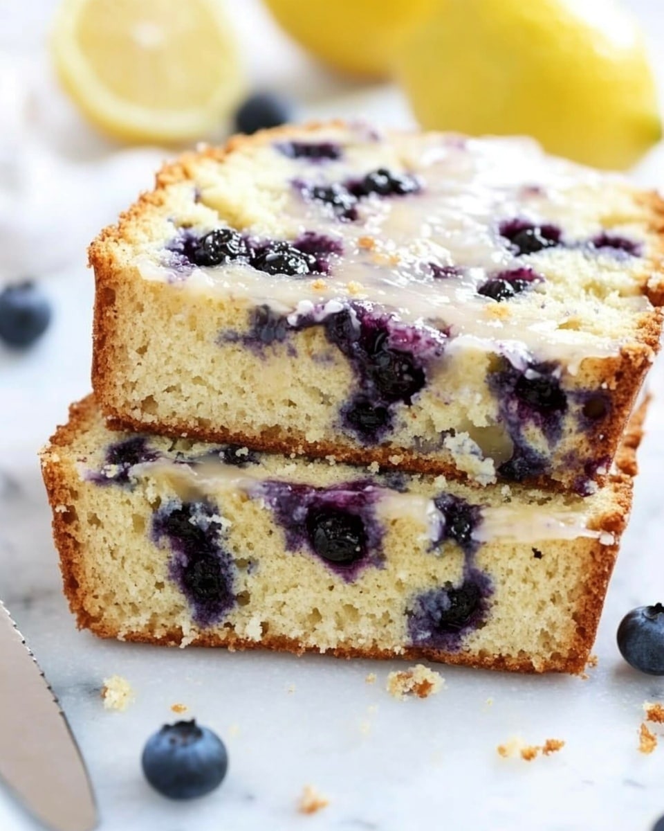 A close-up view of three thick slices of blueberry loaf cake stacked one behind the other on a white marbled surface, showing a moist, light yellow crumb with dark purple blueberries scattered inside each slice, creating lovely spots of color. The loaf’s top is slightly cracked with a light glaze subtly shining on the surface. In the foreground, a silver knife rests on the marbled surface, and in the background on the right side, there are blurred yellow lemon fruits and a few blueberries, adding a fresh touch to the scene. The soft light brightens the texture of the cake’s crumb and the blueberries, highlighting the moist and tender nature of the dessert. photo taken with an iphone --ar 4:5 --v 6.1