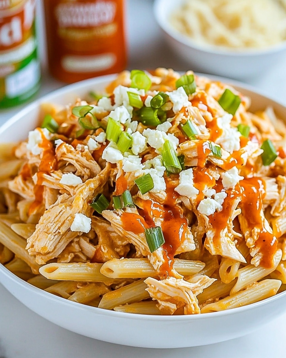 A white bowl filled with three main layers: at the bottom, a large amount of cooked penne pasta with a light tan color; on top of the pasta, shredded light brown chicken pieces are layered thickly, drizzled with bright orange hot sauce; scattered over the chicken are small white cheese crumbles and fresh chopped green onions, adding green pops of color. In the background, a bottle of hot sauce and a small white bowl with more cheese can be seen on a white marbled surface. photo taken with an iphone --ar 4:5 --v 6.1