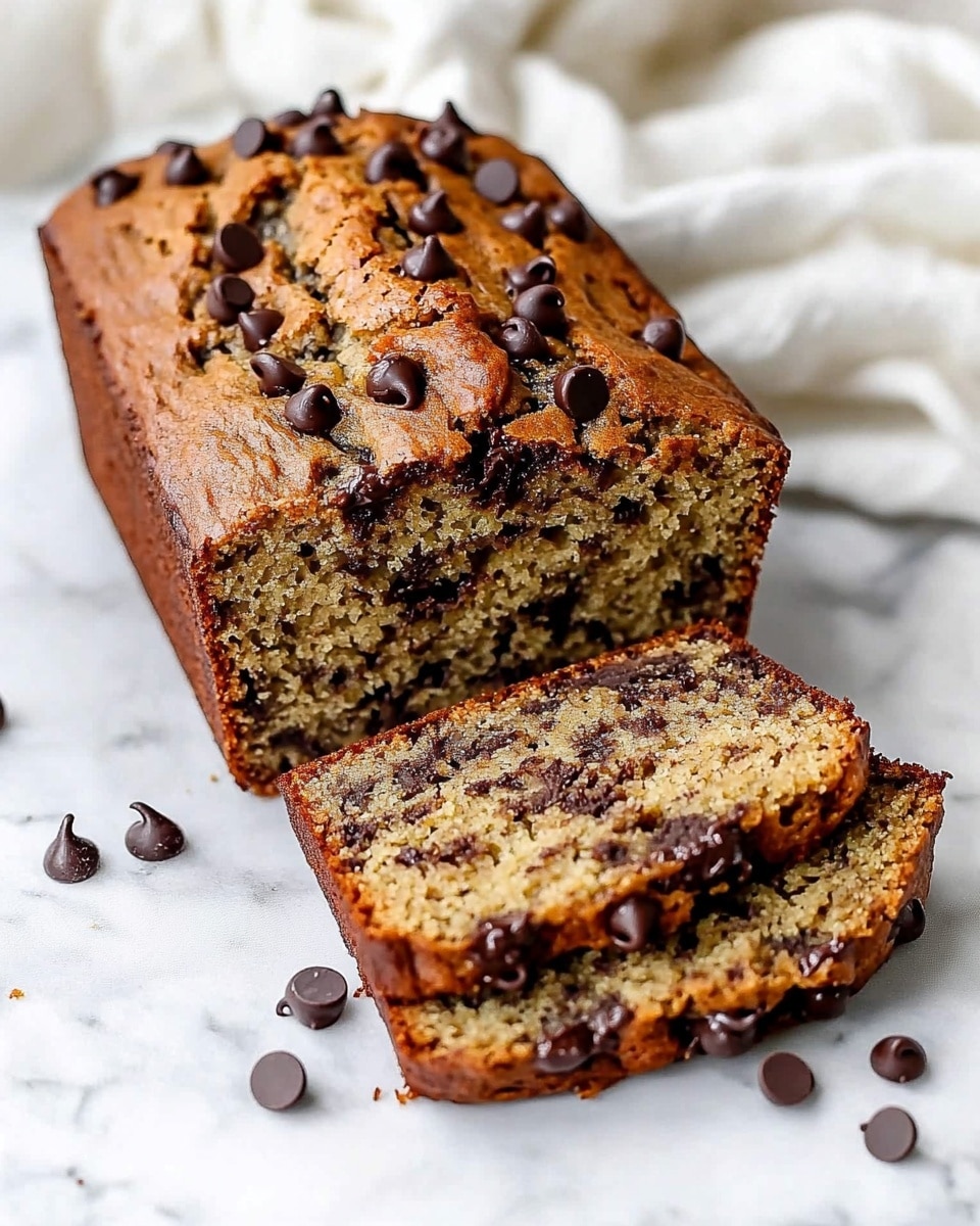 A loaf of chocolate chip banana bread is placed on a white marbled surface, sliced into four pieces. The bread has a golden brown crust with a slightly crispy texture, and the inside is moist with small, dark chocolate chips scattered evenly throughout. The top layer is covered with melted chocolate chips embedded in the crust, adding a rich, textured look. The slices show a soft, dense crumb speckled with tiny bits of banana, giving a mix of light brown and darker chocolate colors. Behind the sliced pieces is the rest of the loaf, slightly blurred but showing the same texture and color. A white cloth with soft folds can be seen in the background. photo taken with an iphone --ar 4:5 --v 6.1