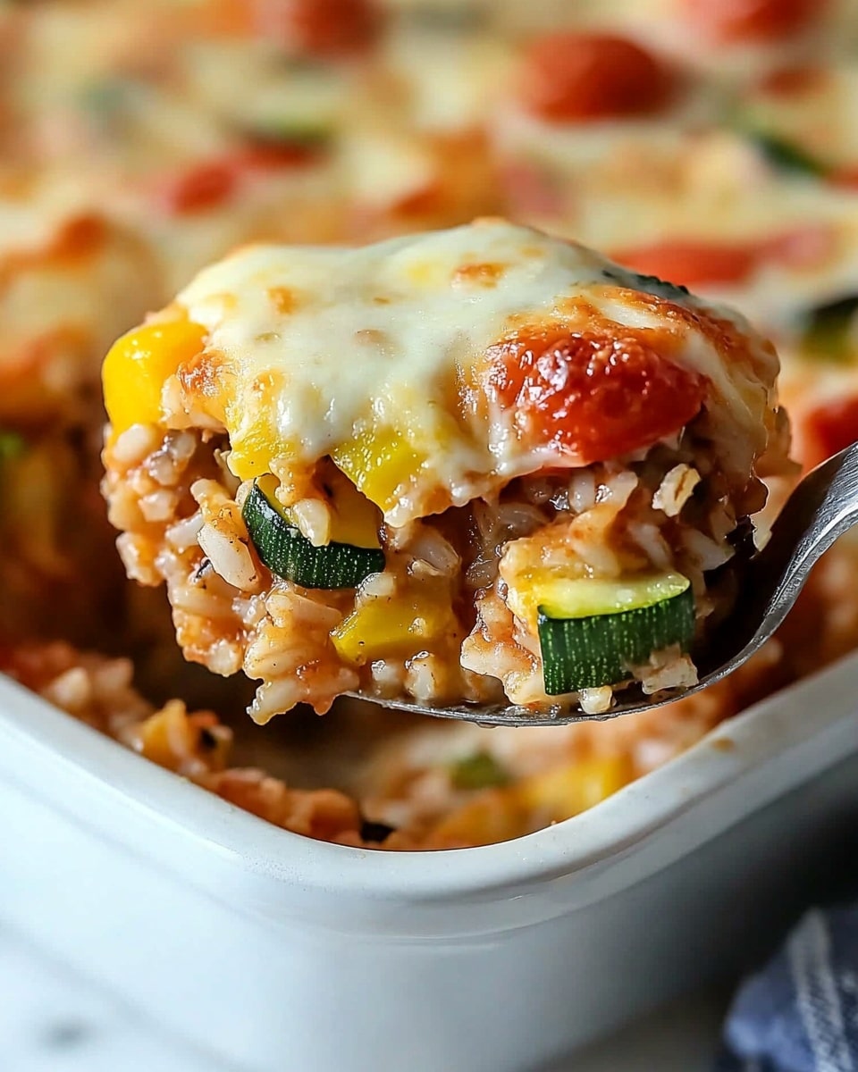 A close-up image of a layered baked casserole being lifted with a silver spoon, showing two main layers: the bottom layer has brown cooked rice mixed with chunks of yellow squash, green zucchini, and small red cherry tomatoes; the top layer is melted, bubbly cheese with light golden spots and a soft texture, slightly covering the vegetables underneath. The casserole is in a white dish, and the background surface is white with a marbled texture. The focus is on the colorful spoonful in the foreground, with the rest of the casserole blurry in the background. Photo taken with an iphone --ar 4:5 --v 6.1