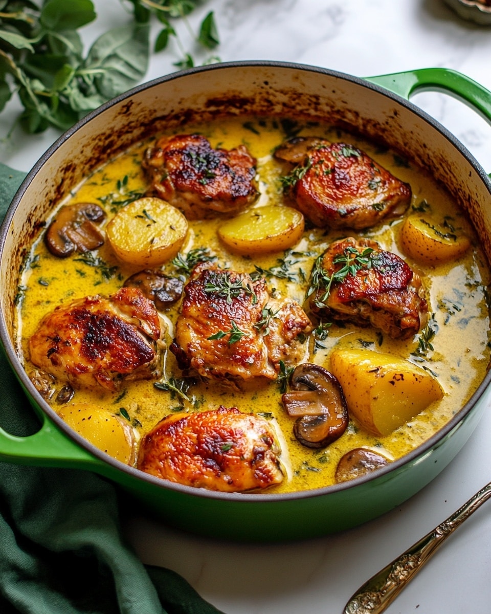 A green cooking pot filled with a creamy yellow sauce that has a smooth texture and is dotted with herbs. There are seven pieces of reddish-brown cooked chicken evenly spread on top of the sauce, with some golden yellow potato slices and dark brown mushroom slices mixed in between. The pot sits on a white marbled surface with a green cloth to the back left, a silver spoon on the right side, and some green leaves at the bottom left. The lighting highlights the rich colors of the dish and makes the sauce look thick and inviting. Photo taken with an iphone --ar 4:5 --v 6.1