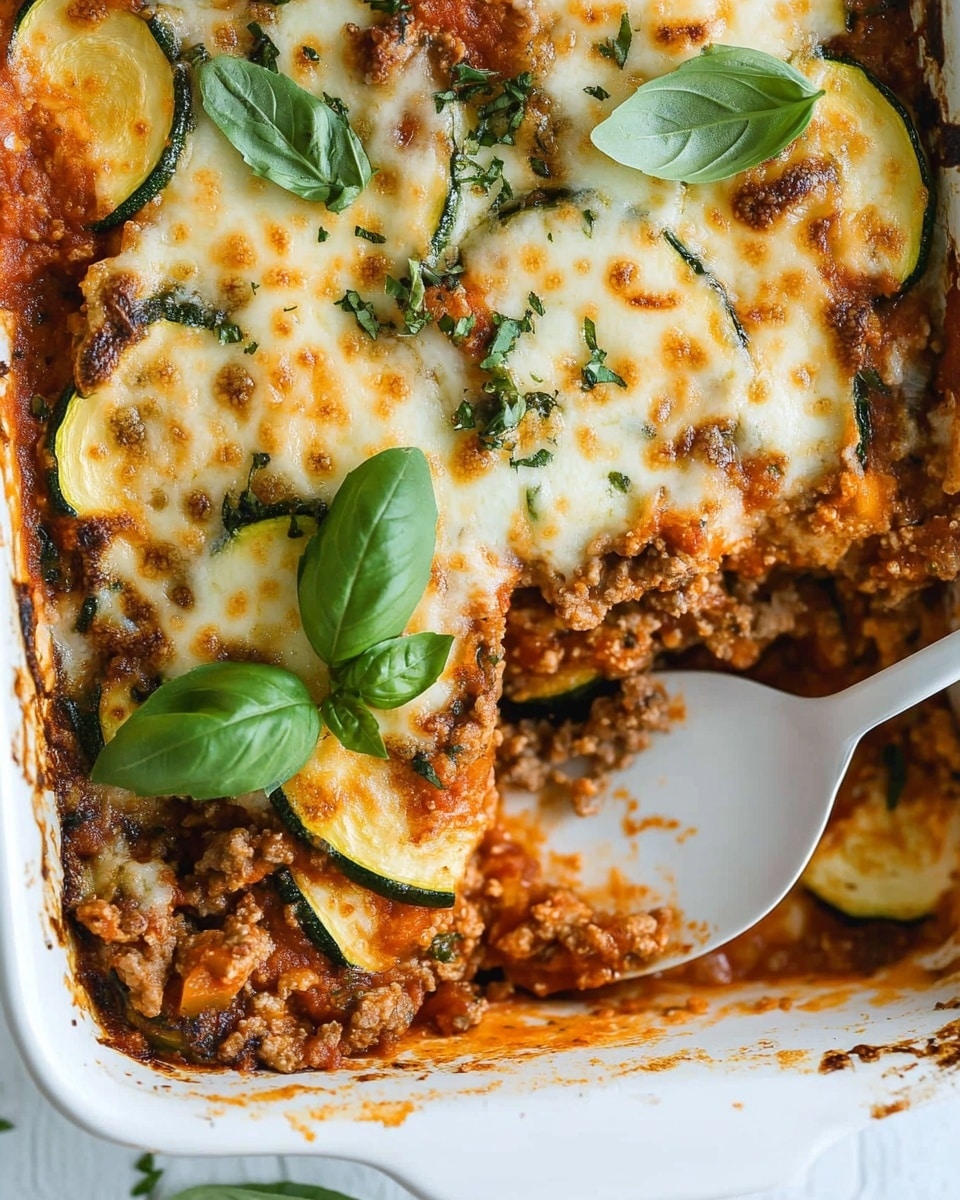 A close-up top view of a baked dish in a white rectangular baking dish showing multiple layers: at the bottom, a textured layer of cooked ground meat mixed with a tomato sauce, scattered zucchini slices with green skin, and topped with melted slightly browned cheese that has a golden and light orange color. Fresh green basil leaves are placed on top of the cheese to add a fresh touch. A white spoon is partially visible, scooping out a portion, with a woman's hand holding it. The background is a white marbled texture photo taken with an iphone --ar 4:5 --v 6.1
