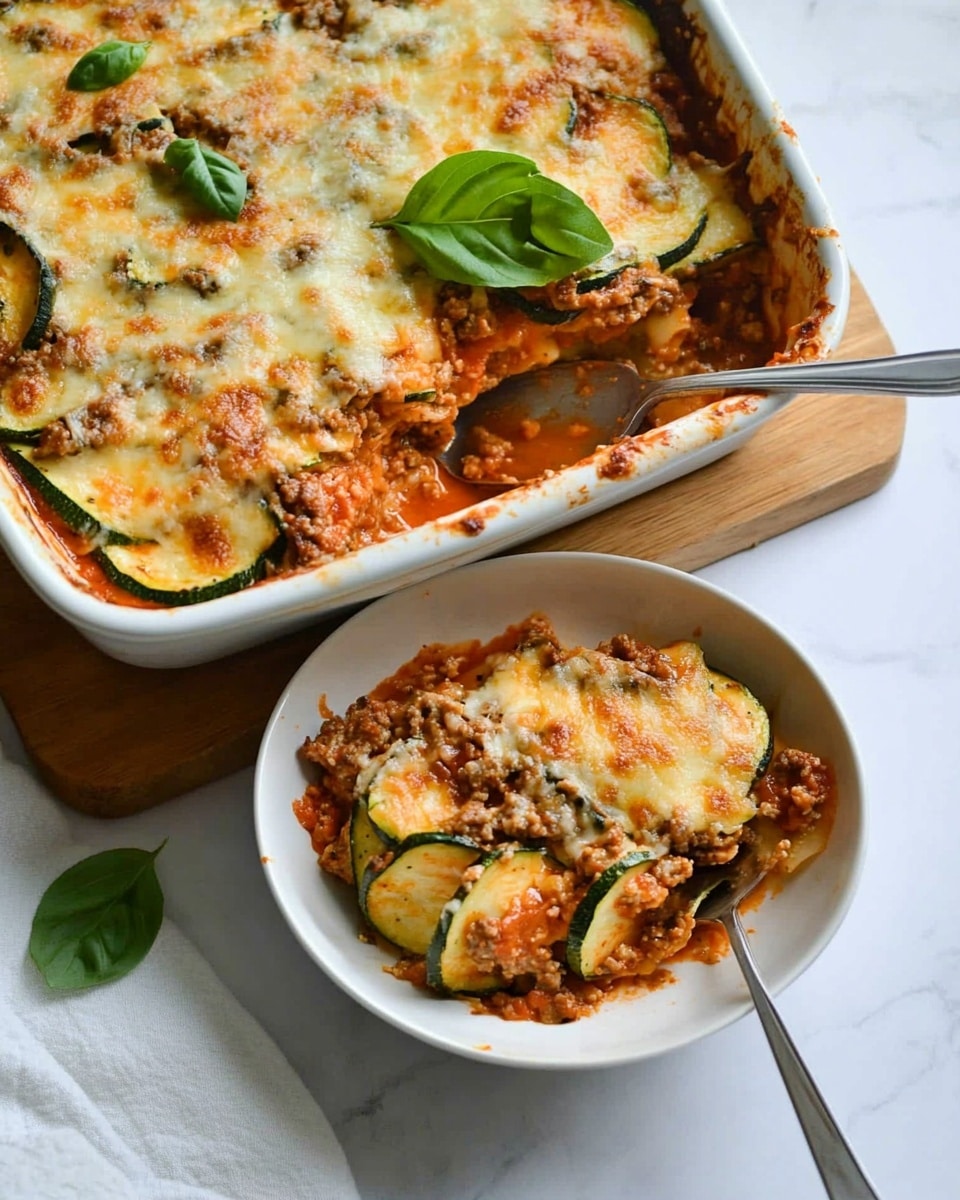 The image shows a white baking dish filled with a layered zucchini lasagna. The top layer has melted golden cheese with browned spots, fresh green basil leaves, and visible slices of green zucchini mixed with a tomato-based sauce and ground meat. Next to the baking dish is a white bowl with a serving of the lasagna, showing clear layers of zucchini slices, ground meat with red sauce, and melted cheese. The bowl has a spoon inside, and the dish sits on a wooden board on a white marbled surface. Photo taken with an iphone --ar 4:5 --v 6.1