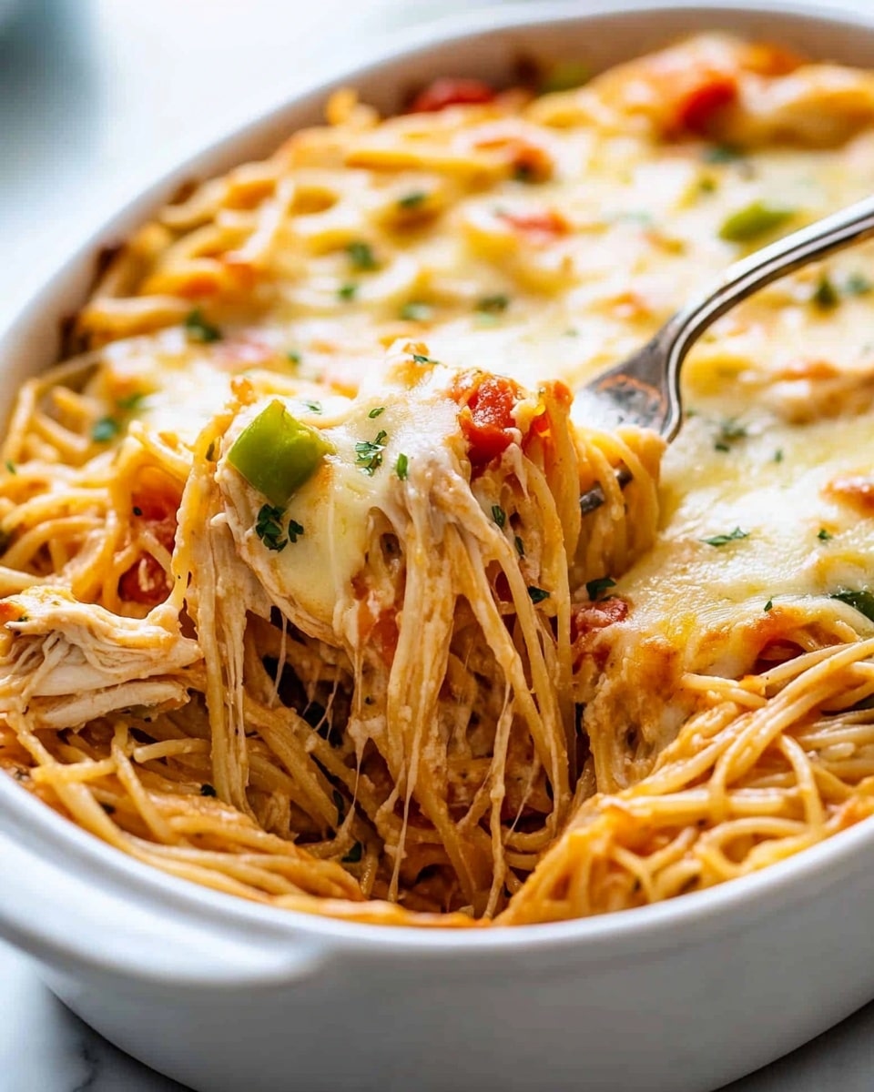 A white oval dish filled with a cheesy baked spaghetti casserole showing multiple layers: the bottom includes spaghetti noodles in pale yellow with pieces of light brown shredded chicken mixed in; the middle layer has small chunks of green bell peppers and red tomatoes scattered evenly; the top is covered with melted golden-yellow cheese with some browned spots and herbs sprinkled throughout. A silver fork twirls spaghetti with bits of chicken and vegetables near the front edge of the dish. The dish sits on a white marbled surface. photo taken with an iphone --ar 4:5 --v 6.1