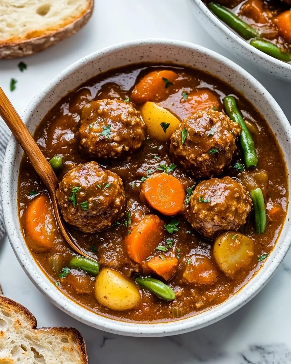 A white bowl filled with a thick brown stew that has several round meatballs, orange carrot pieces, yellow potato chunks, and green beans mixed evenly throughout. The stew looks rich and glossy with some small herbs sprinkled on top for color. A spoon with a wooden handle rests inside the bowl on the left side. The bowl is sitting on a white marbled surface with a piece of toasted bread in the bottom left corner and part of another bowl with the same stew visible at the top right corner. photo taken with an iphone --ar 4:5 --v 6.1