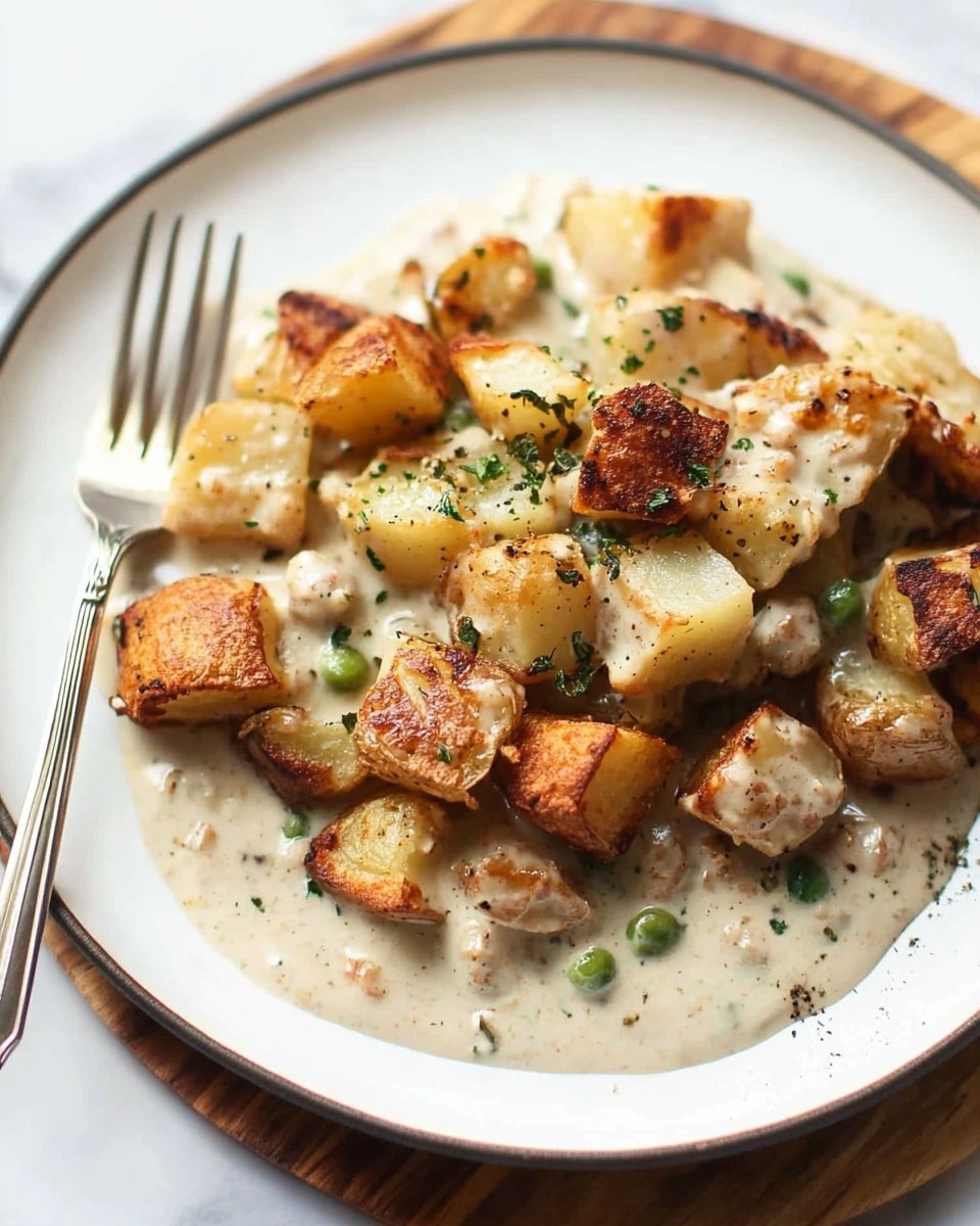 The dish is served on a white plate with a thin dark rim, placed on a white marbled surface with a wooden board underneath. The bottom layer is a creamy, light-colored sauce with visible small green beans and bits of herbs mixed in. On top, there is a generous layer of golden brown roasted potato cubes that look crispy with some green garnish sprinkled over. To the left side of the plate, a silver fork rests partially on the sauce and potatoes. The scene is softly lit, highlighting the warm textures of the potatoes and the smooth creaminess of the sauce. photo taken with an iphone --ar 4:5 --v 6.1