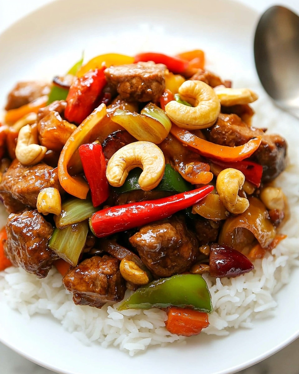 The dish is served on a white plate with a bed of white rice as the bottom layer. On top of the rice, there is a colorful stir-fry composed of golden-brown cooked pieces of meat mixed with roasted dark brown cashew nuts. Scattered among these are pieces of bright red chili pepper slices, vibrant green bell pepper chunks, orange carrot cubes, and large, translucent cooked onion pieces. There are also some long green stalks, likely green onions, adding a fresh texture contrast. The stir-fry ingredients are coated in a light shiny sauce, making them look juicy and well-cooked. A metal spoon is partially visible on the right side of the plate. The background surface has a white marbled texture. Photo taken with an iphone --ar 4:5 --v 6.1