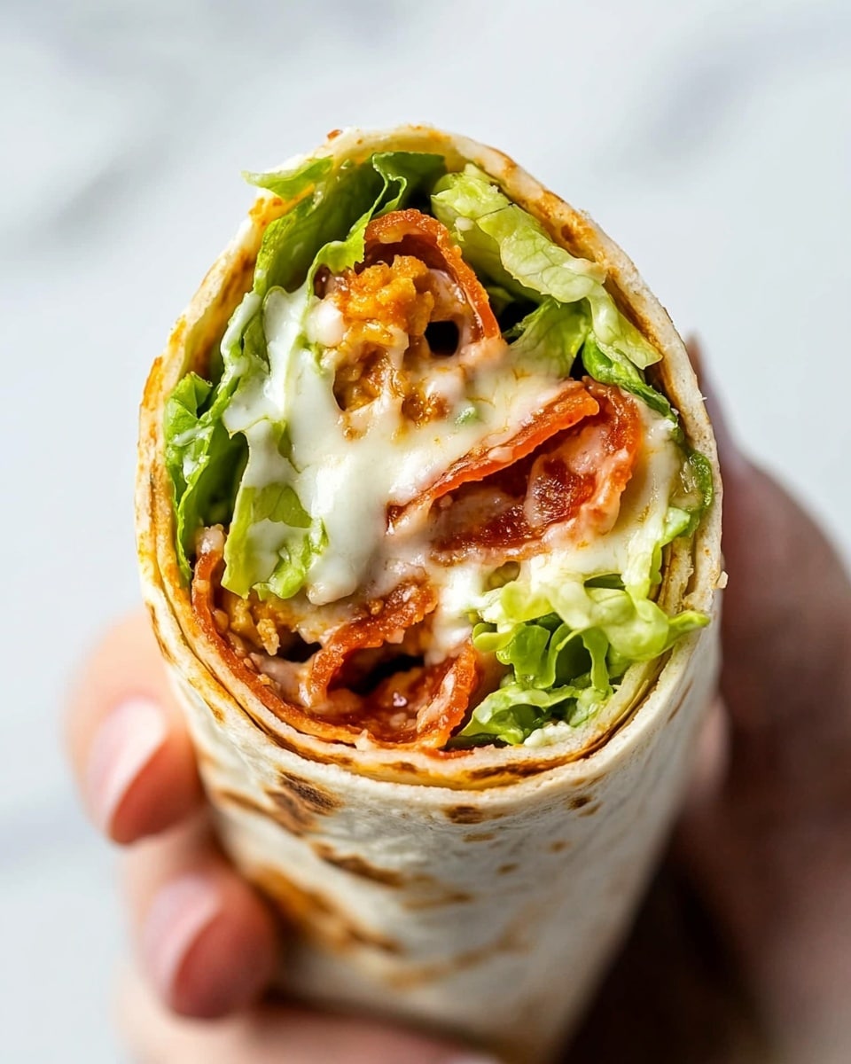 A close-up of a wrap cut in half and stacked on a dark surface, showing two layers inside: fresh green lettuce leaves mixed with white creamy dressing, and crispy golden-brown croutons, all wrapped in a lightly grilled tortilla wrap with soft brown grill lines. Photo taken with an iphone --ar 4:5 --v 6.1