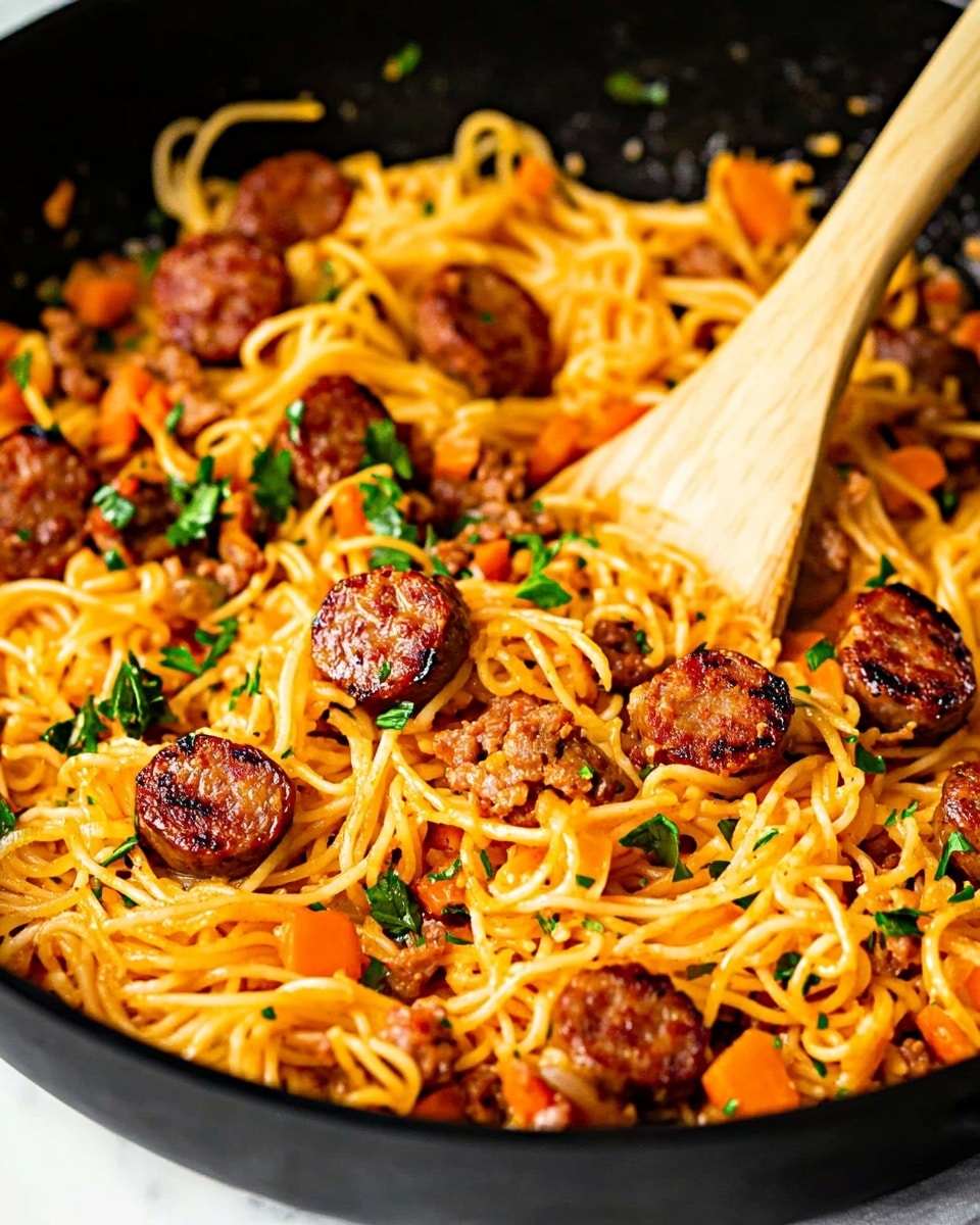 A black round pan filled with creamy shredded noodles mixed with small pieces of red bell pepper evenly spread throughout. On top, there are many slices of browned sausage, some with charred edges adding a darker contrast. The dish looks warm and slightly oily with the noodles and sausage glistening, sitting on a white marbled surface. photo taken with an iphone --ar 4:5 --v 6.1