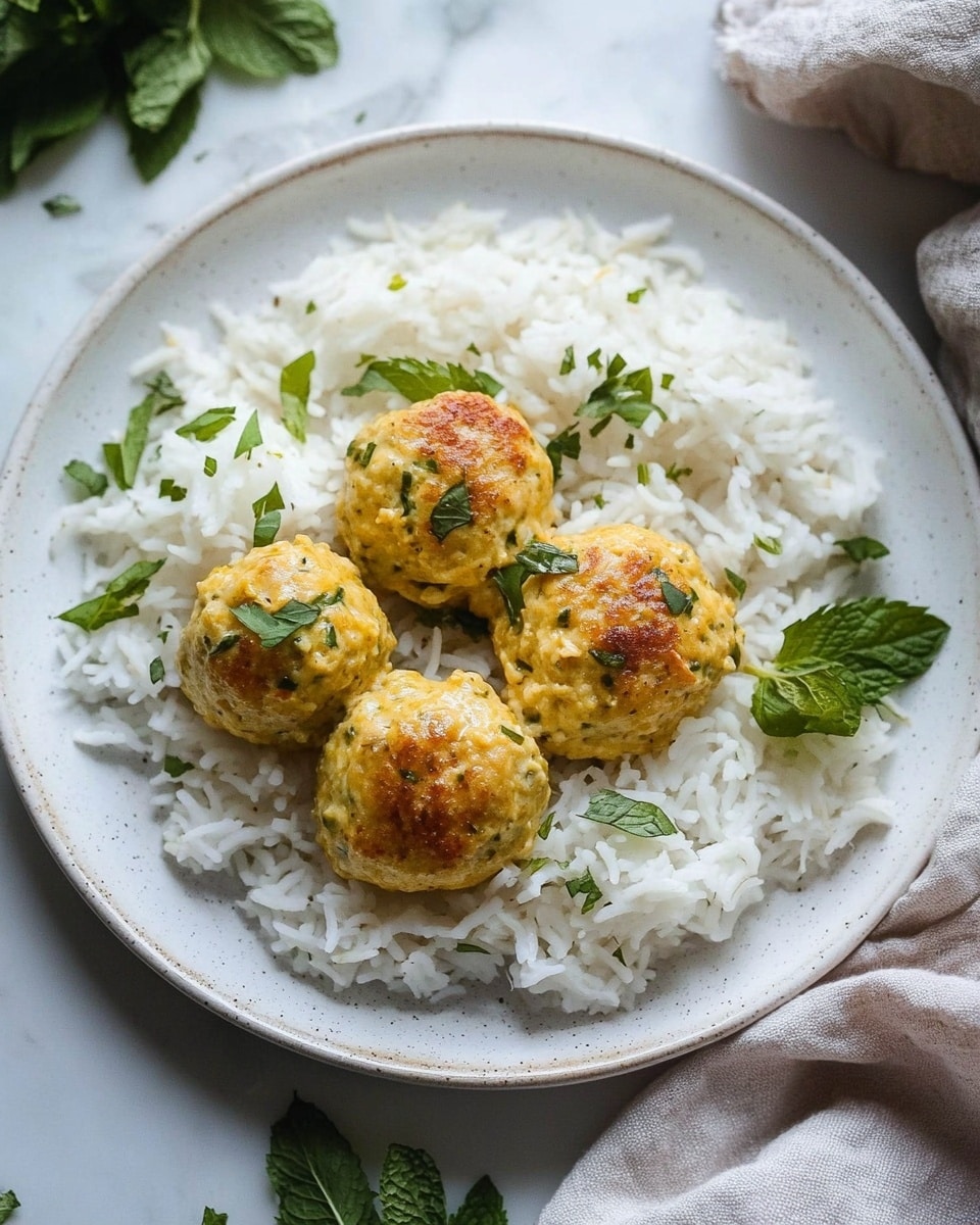 A white round plate holds a layer of fluffy white rice with soft, long grains spread evenly to cover the whole plate. On top of the rice, there are four yellowish-orange, round dumplings arranged in a diamond shape, each having a slightly rough surface with small green herb pieces sprinkled gently over them. The plate sits on a white marbled surface with a few fresh mint leaves placed near it and a soft light gray cloth partially visible on the right side. The overall look is simple and fresh with soft, natural lighting. photo taken with an iphone --ar 4:5 --v 6.1