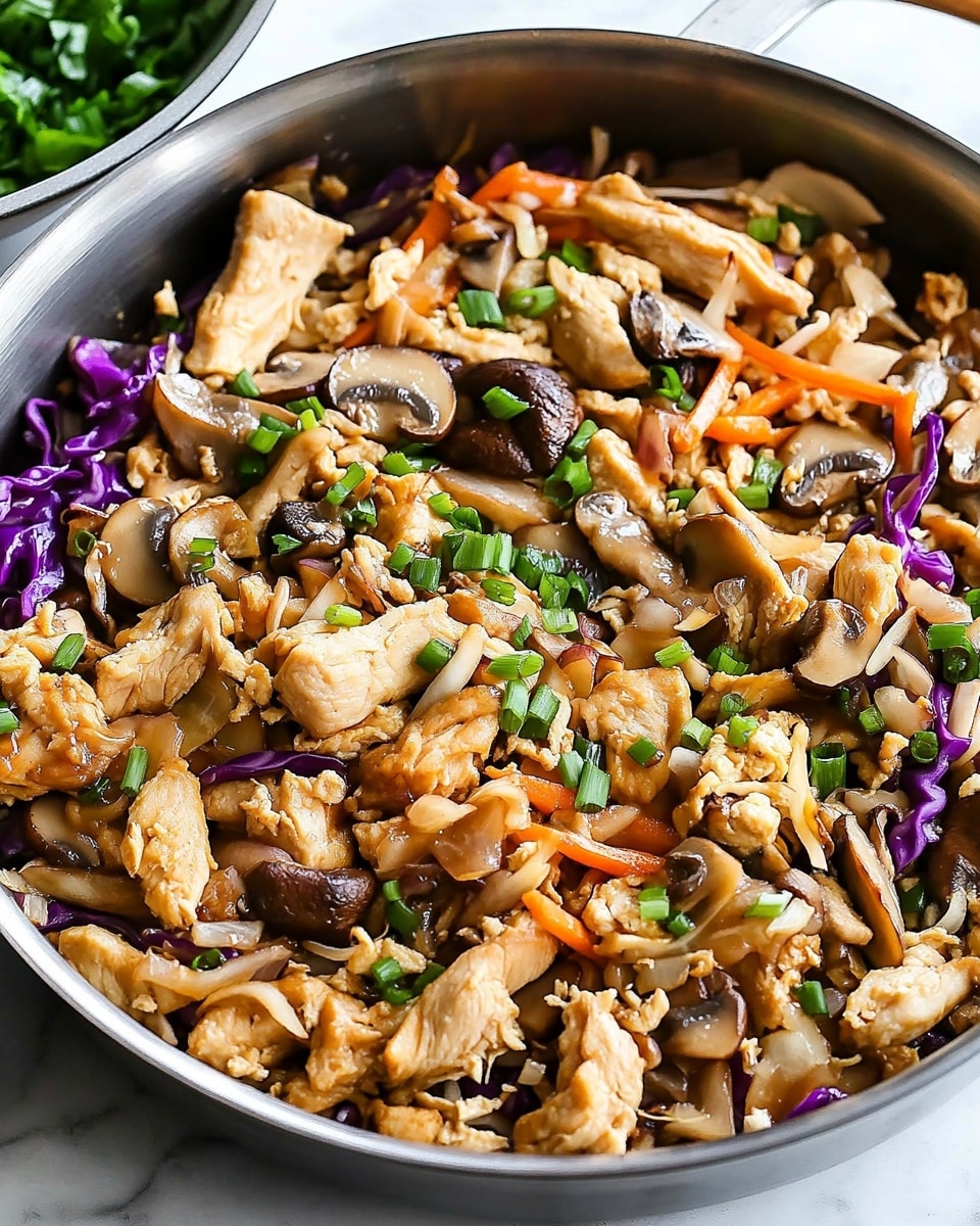 A white speckled bowl filled with three main layers: at the bottom, cooked light brown noodles mixed with small pieces of dark brown mushrooms and purple cabbage strips; in the middle, large light brown pieces of cooked chicken scattered evenly; on top, green chopped spring onions sprinkled all over with a cluster of white bean sprouts on one side. Two light wooden chopsticks rest diagonally on the left side of the bowl, and the whole dish is placed on a white marbled surface with a few green onion pieces and two whole mushrooms nearby. Photo taken with an iphone --ar 4:5 --v 6.1